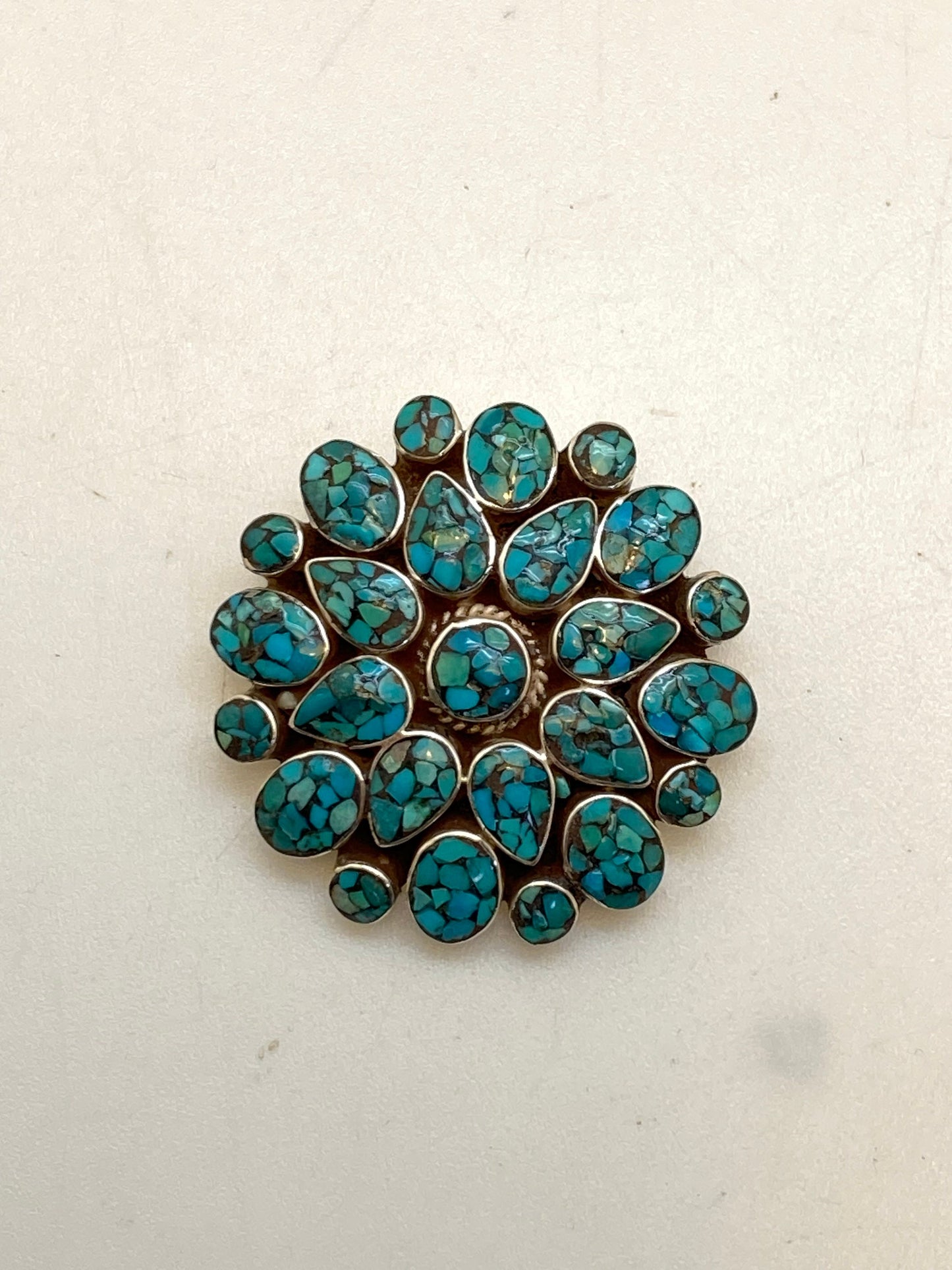 Turquoise pendant, handcrafted, sterling silver, floral design,Tibetan jewelry