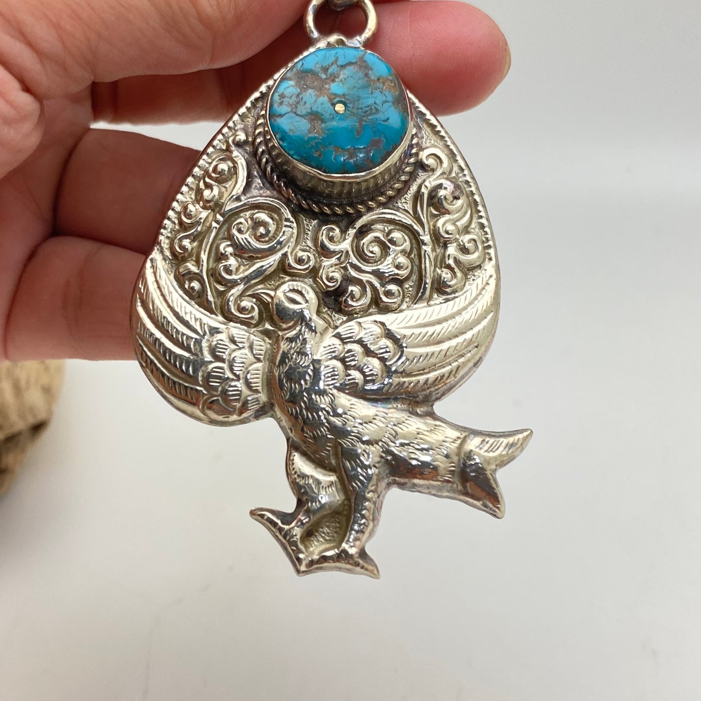 Bird pendant, Turquoise, handcrafted,Tibetan reposse silver, Nepal,Tibetan design,Himalayan