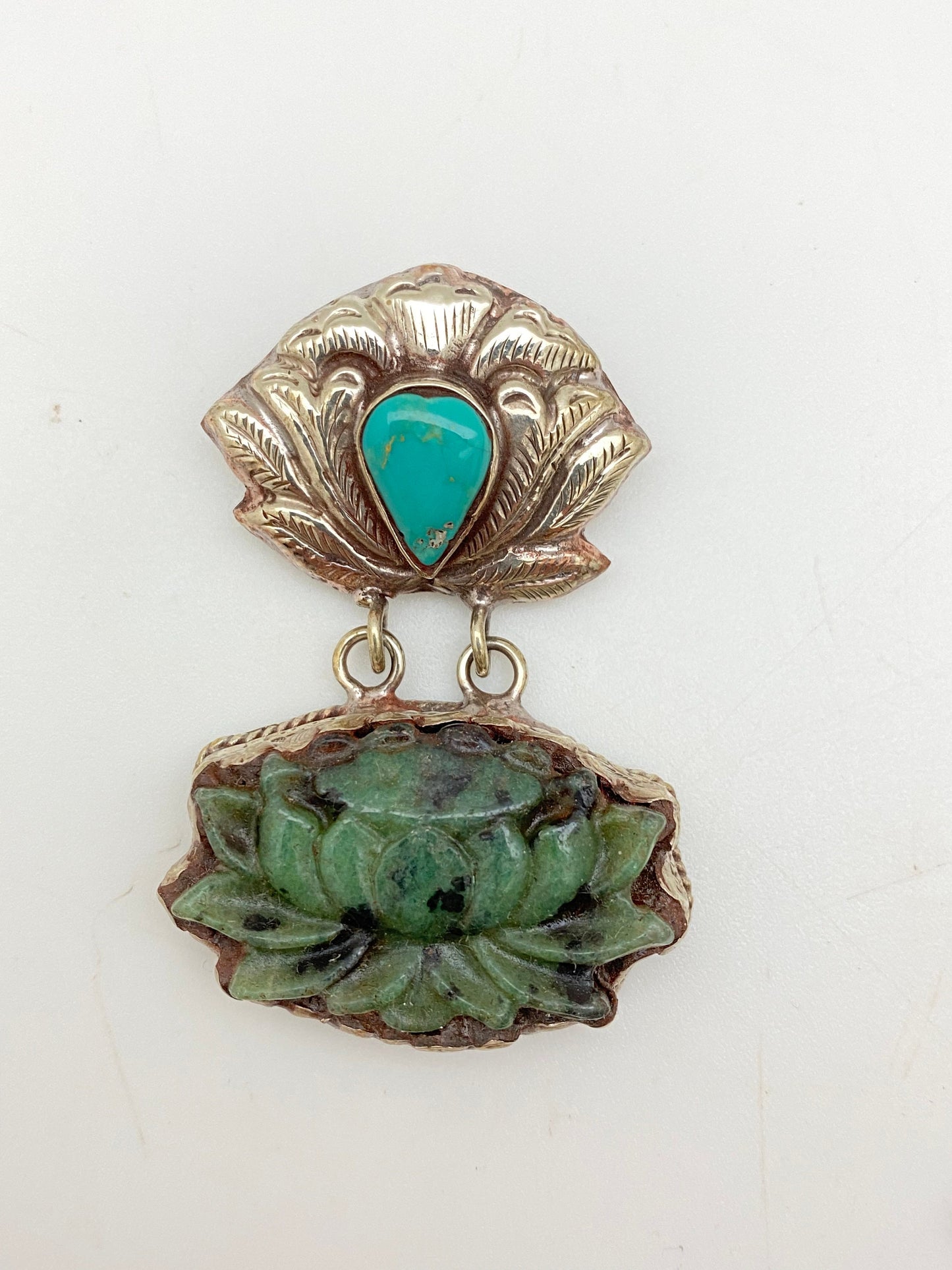 Lotus pendant,Flower pendant,Ruby zoisite, Turquoise,Handcrafted,Tibetan silver,