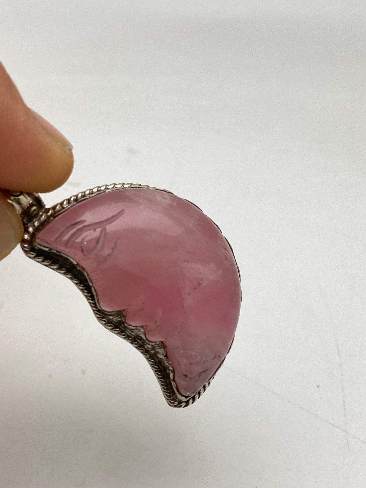 moon pendant, half moon, rose quartz, hand carved, hand crafted, tibetan silver,Himalyan,Nepalese