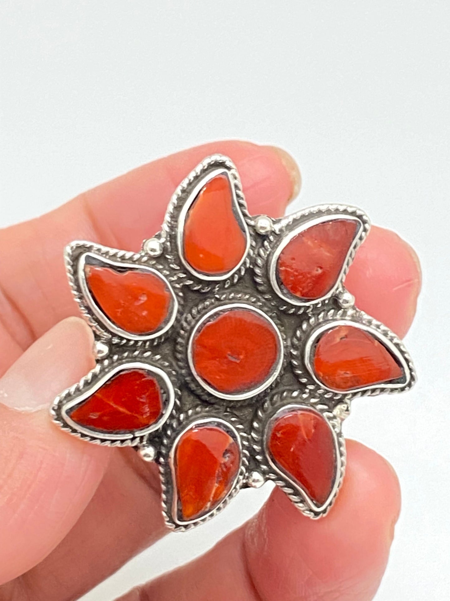 Coral ring,sterling silver,handcrafted,floral,flower,ethnic,Tibetan design,Himalayan, Nepalese