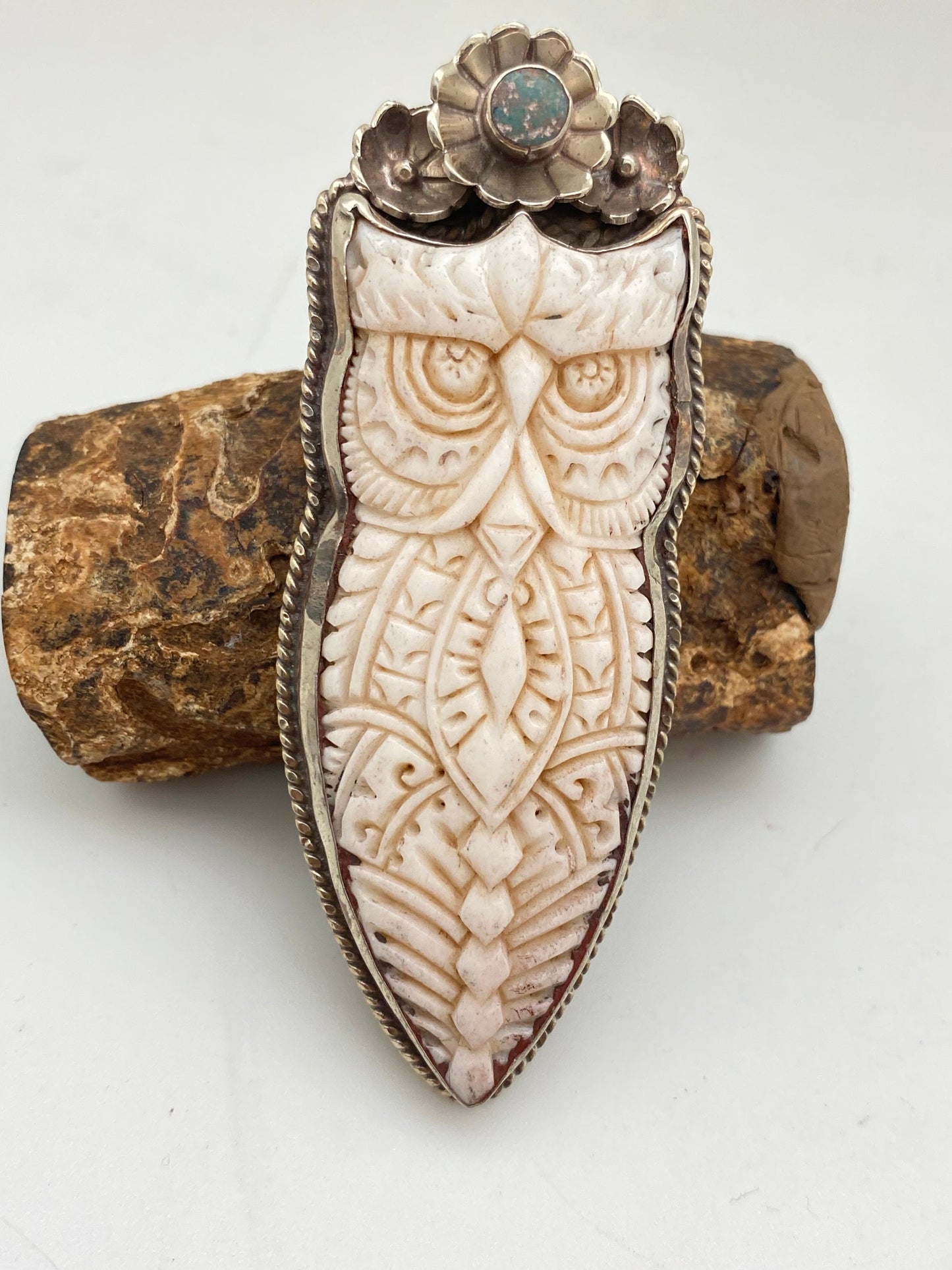 bone carved owl pendant,tibetan repousse silver,turquoise handcrafted,bird pendant,floral,Himalayan,Nepalese,Bohemian