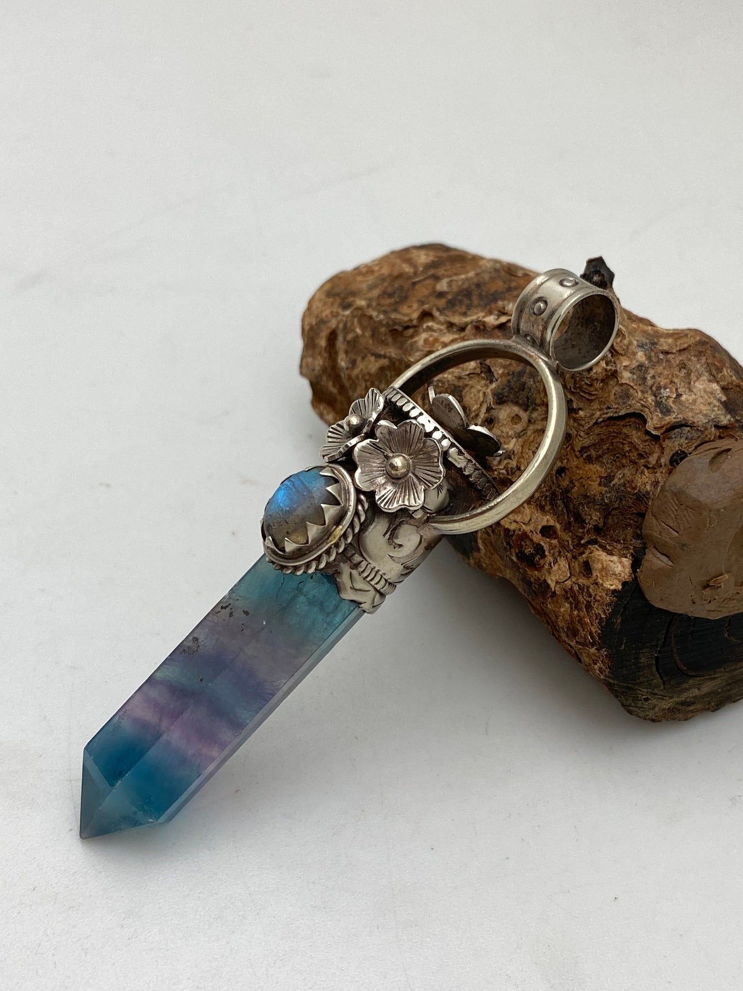 Fluorite point pendant, healing sone, set with labradorite,tibetan repousse silver,floral,handcrafted,Himalayan,Nepalese,