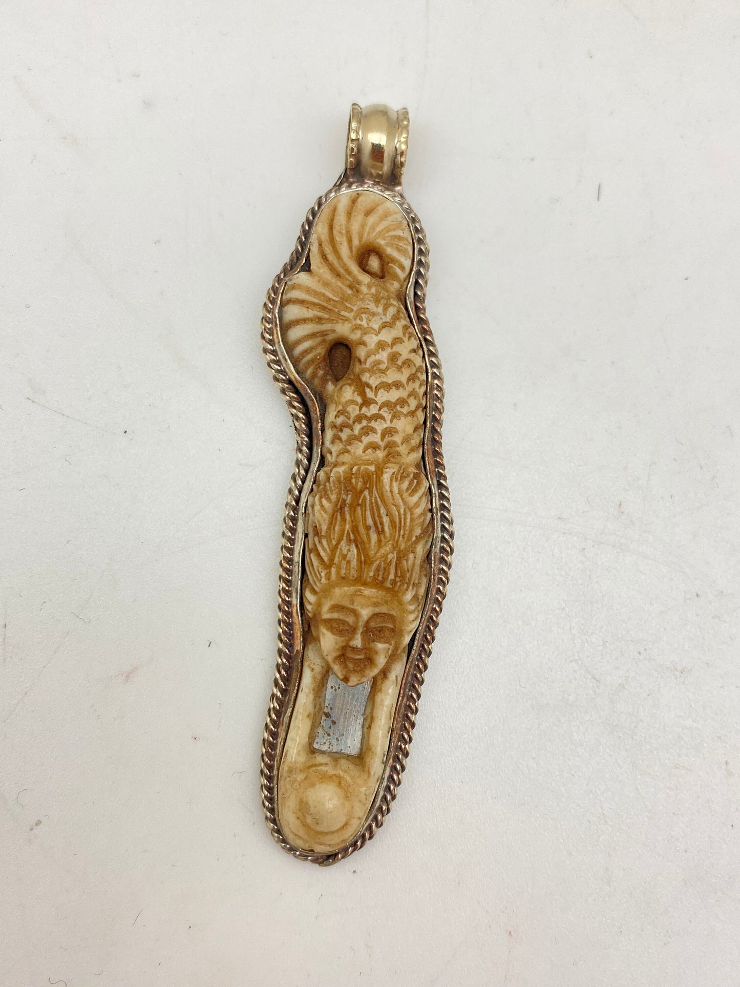 mermaid pendant, bone carved, handcrafted,tibetan silver,Nepalese,