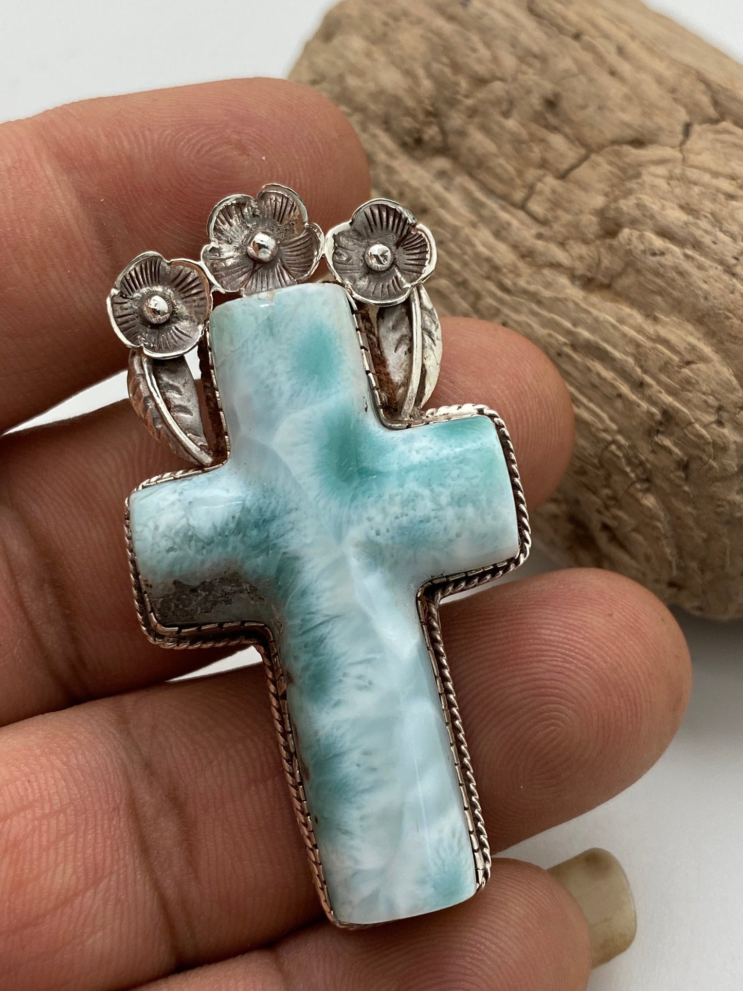 larimar cross pendant, sterling silver, master handcrafted