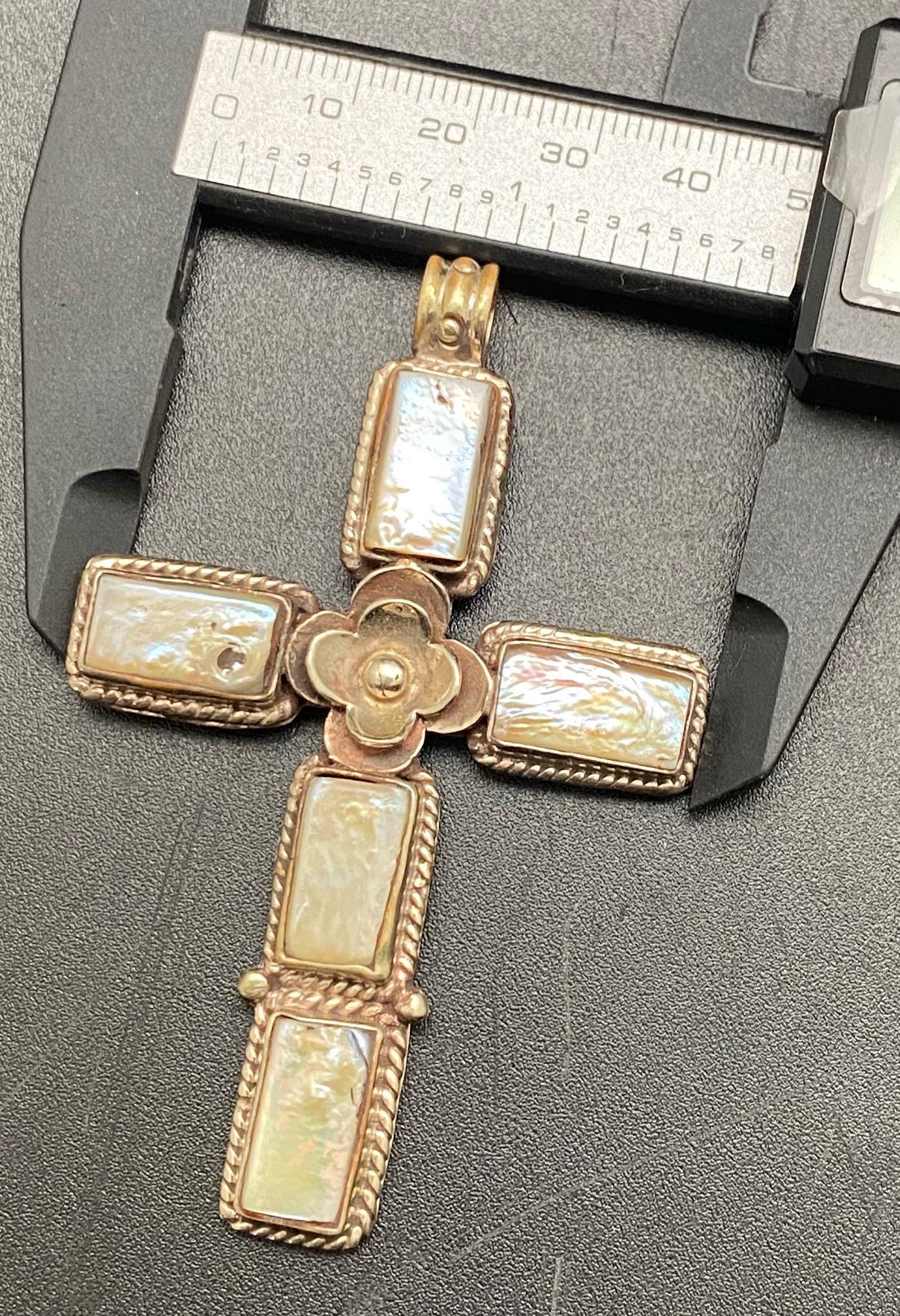 Cross pendant, mother of pearl, handcrafted,tibetan silver, floral,Nepalese