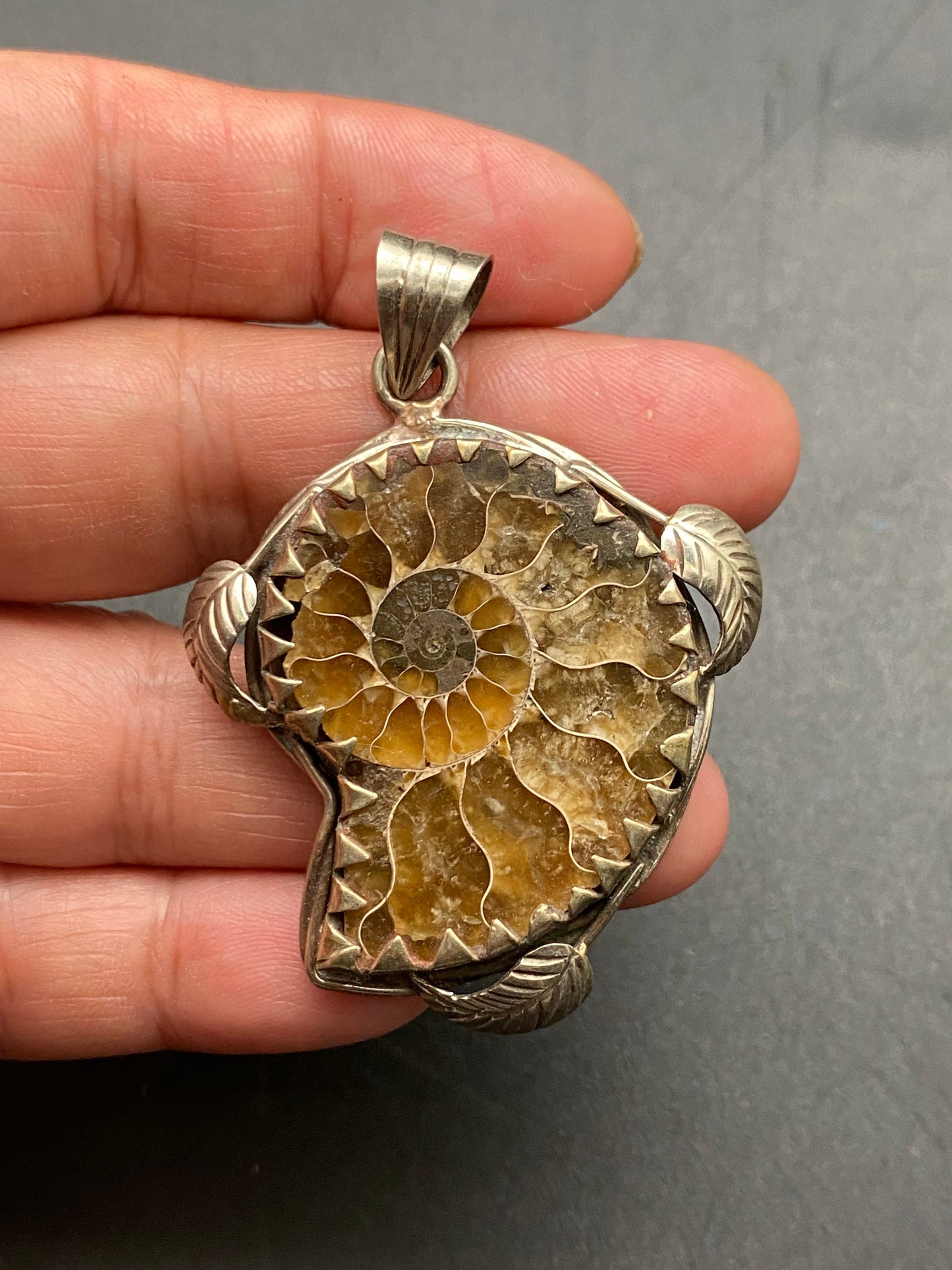 Ammonite fossil pendant, handcrafted,Tibetan silver, ethnic design,Nepalese