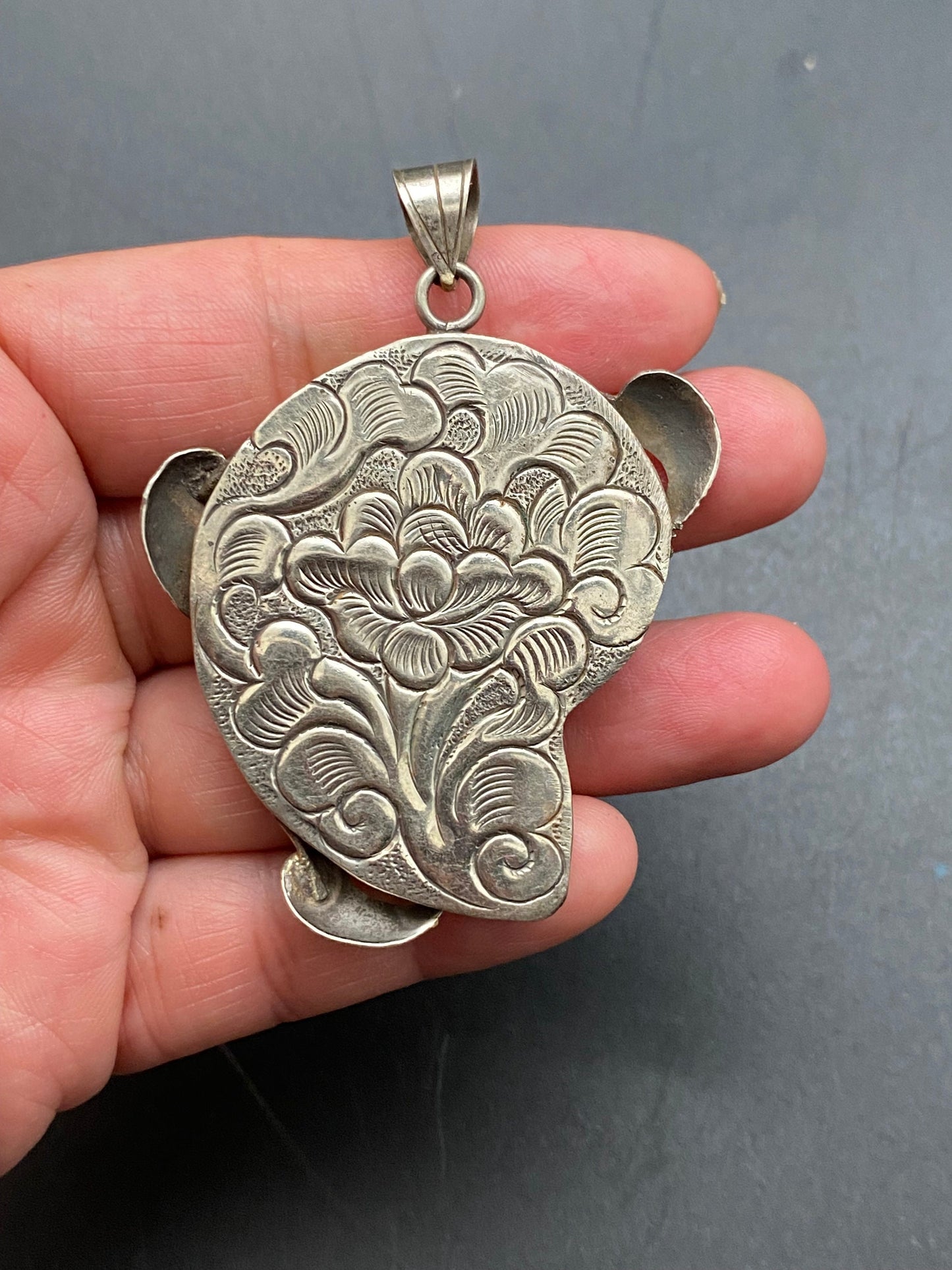 Ammonite fossil pendant, handcrafted,Tibetan silver, ethnic design,Nepalese