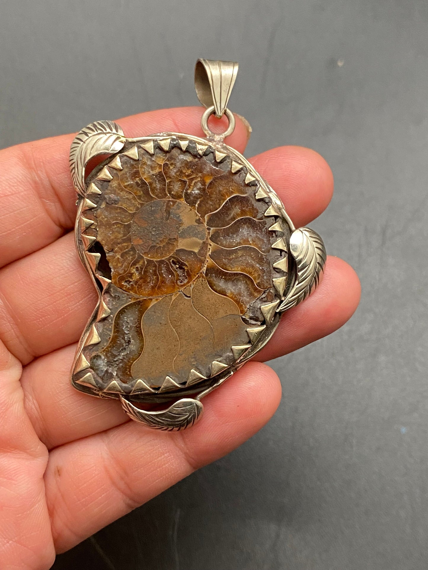 Ammonite fossil pendant, handcrafted,Tibetan silver, ethnic design,Nepalese