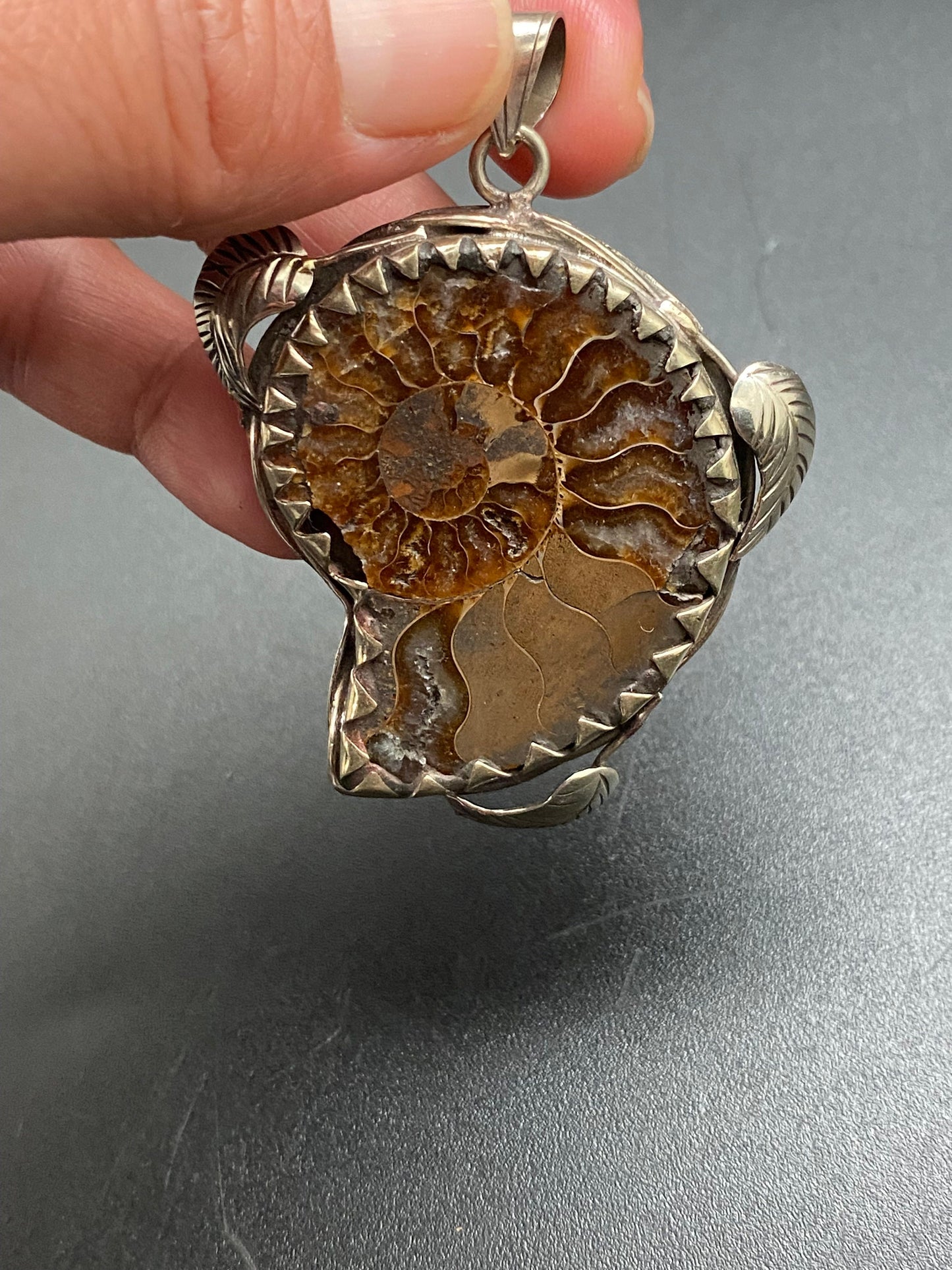 Ammonite fossil pendant, handcrafted,Tibetan silver, ethnic design,Nepalese