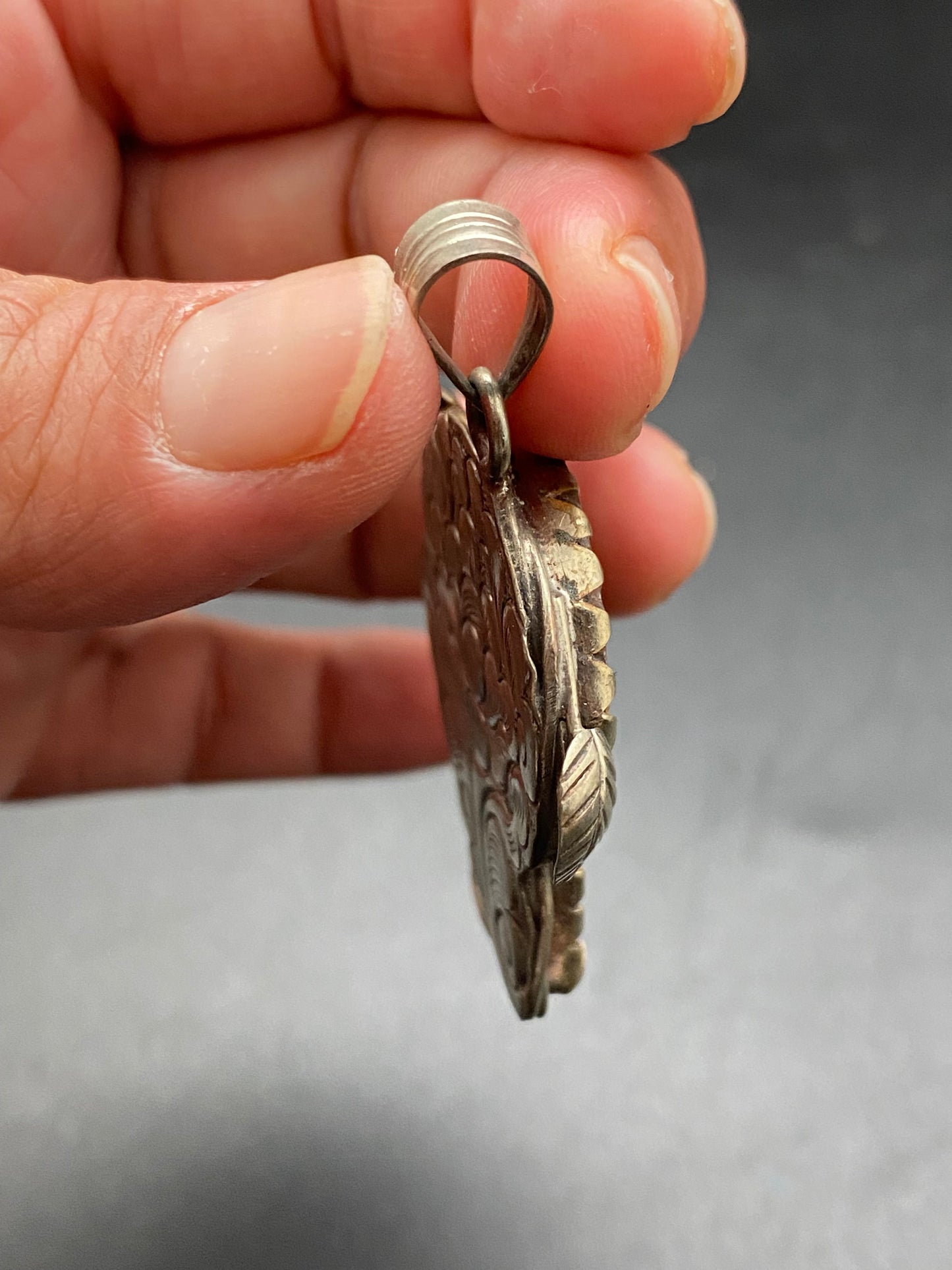 Ammonite fossil pendant, handcrafted,Tibetan silver, ethnic design,Nepalese