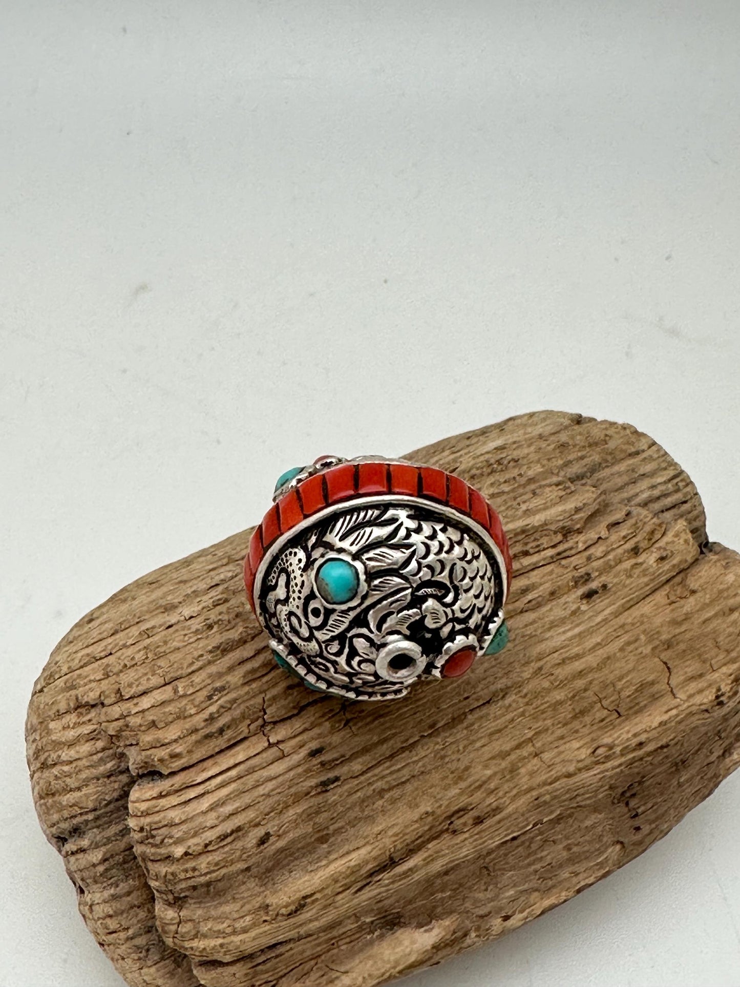 Tibetan beads, sterling silver bead, inlaid turquoise and coral, all natural