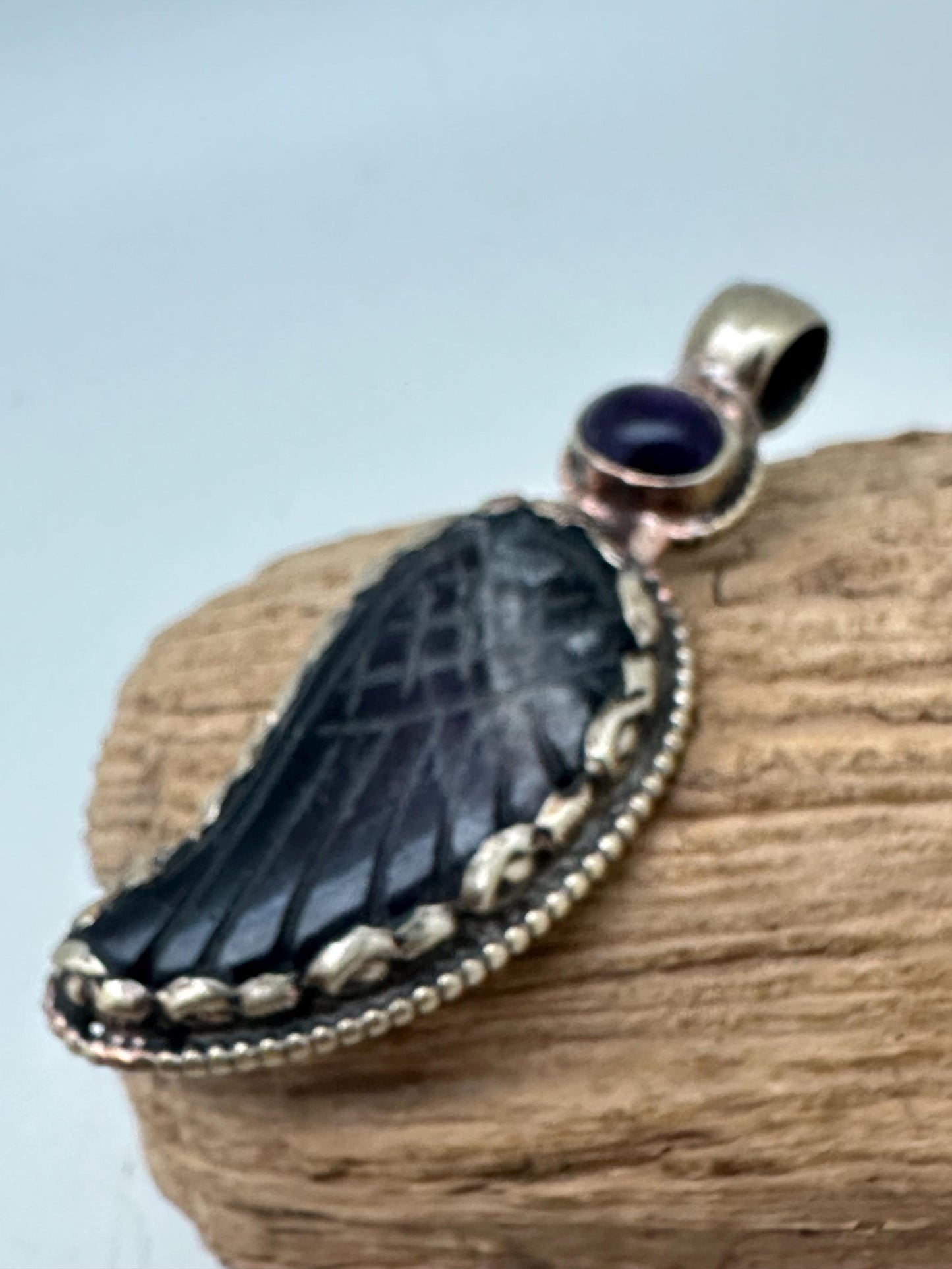 amethyst wing pendant, natural crystal, master handcrafted with Tibetan silver