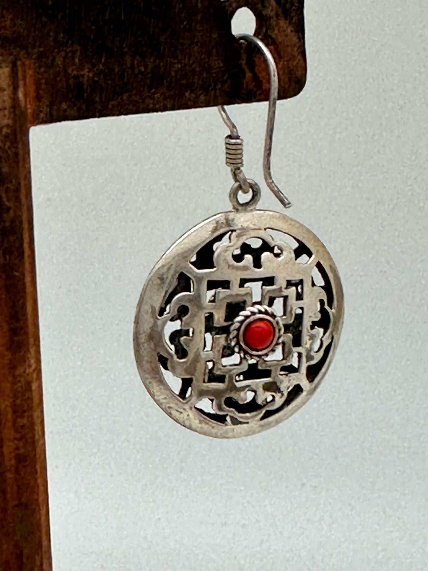 Tibetan earring, ethnic design, mandala design, sterling silver, inlay natural coral