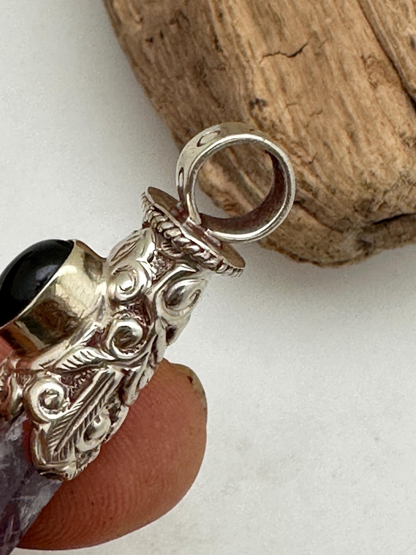amethyst pendant,point pendant ,natural shape, setting with black onyx, hand carved with Tibetan silver