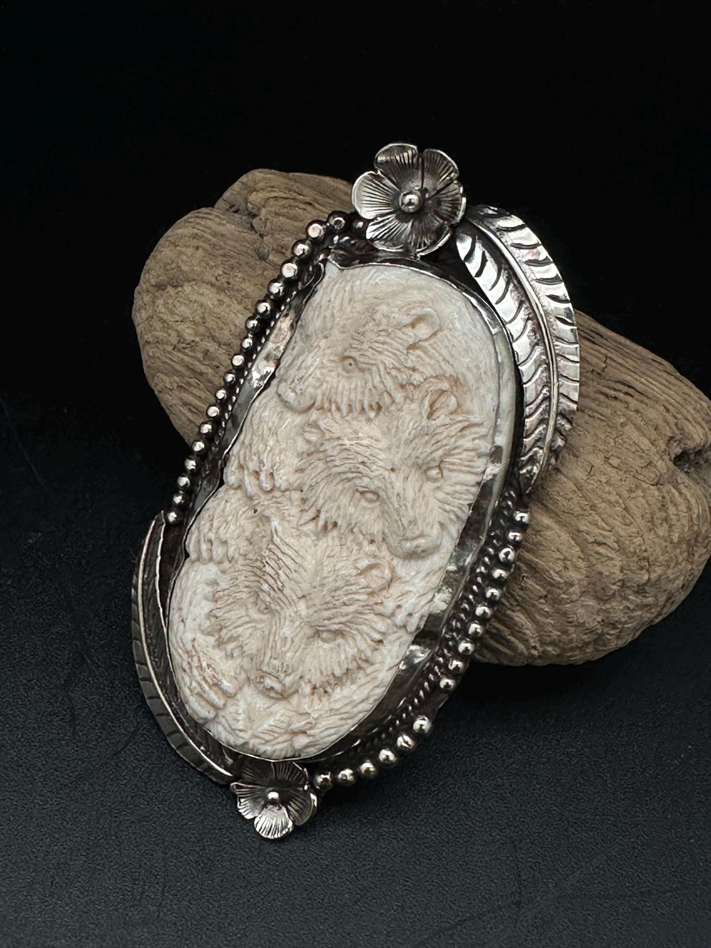 Handmade Bone Carved Bear Pendant: Tibetan Silver Repousse