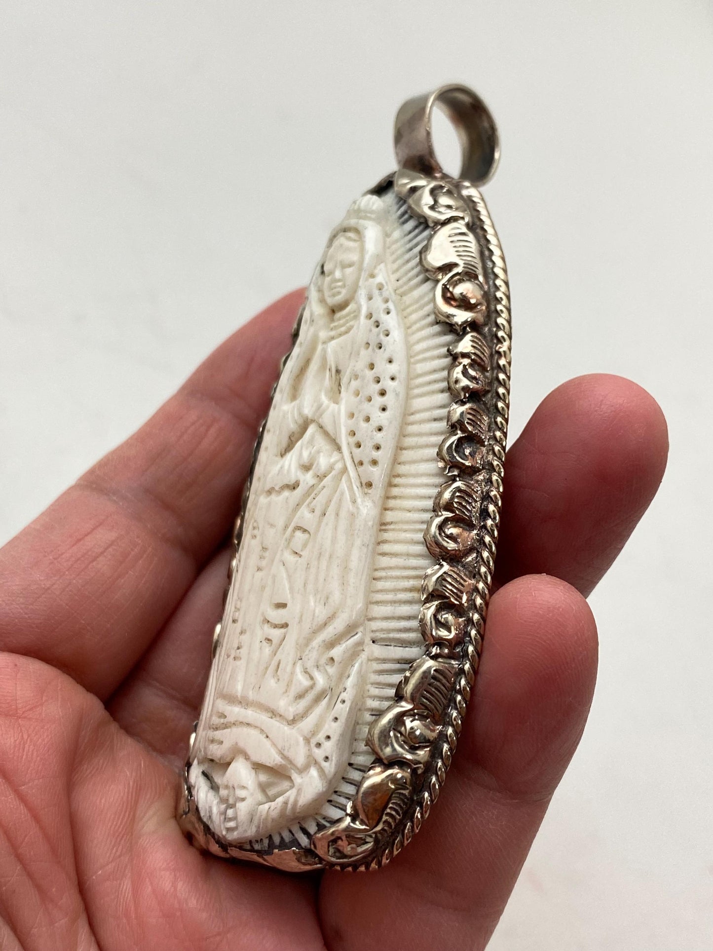Mother Mary pendant, bone carved, handcrafted,Tibetan silver,Nepalese