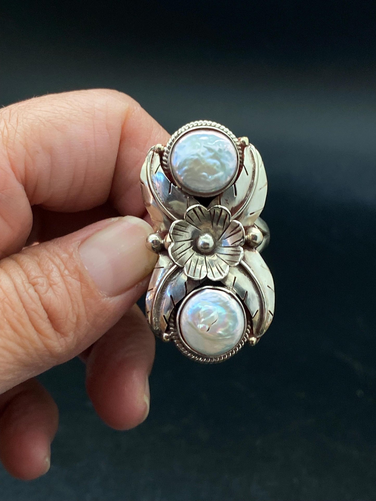 Pearl ring,mother of pearl, handcrafted,Tibetan silver,Nepalese, Himalayan, floral design,