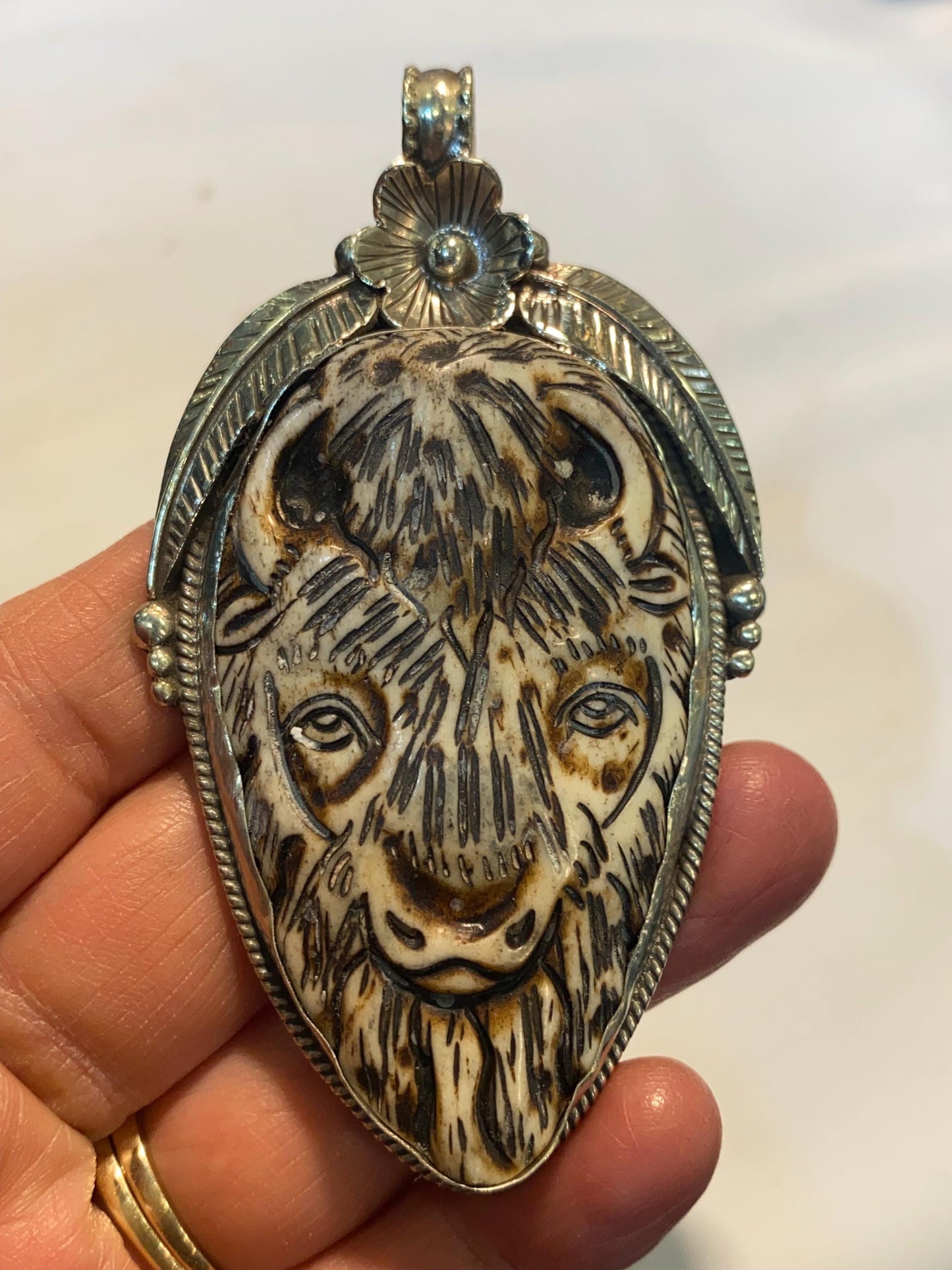 Bone carved Buffalo pendant,Handcrafted,Tibetan silver,Himalayan,Ethnic style,Nepalese