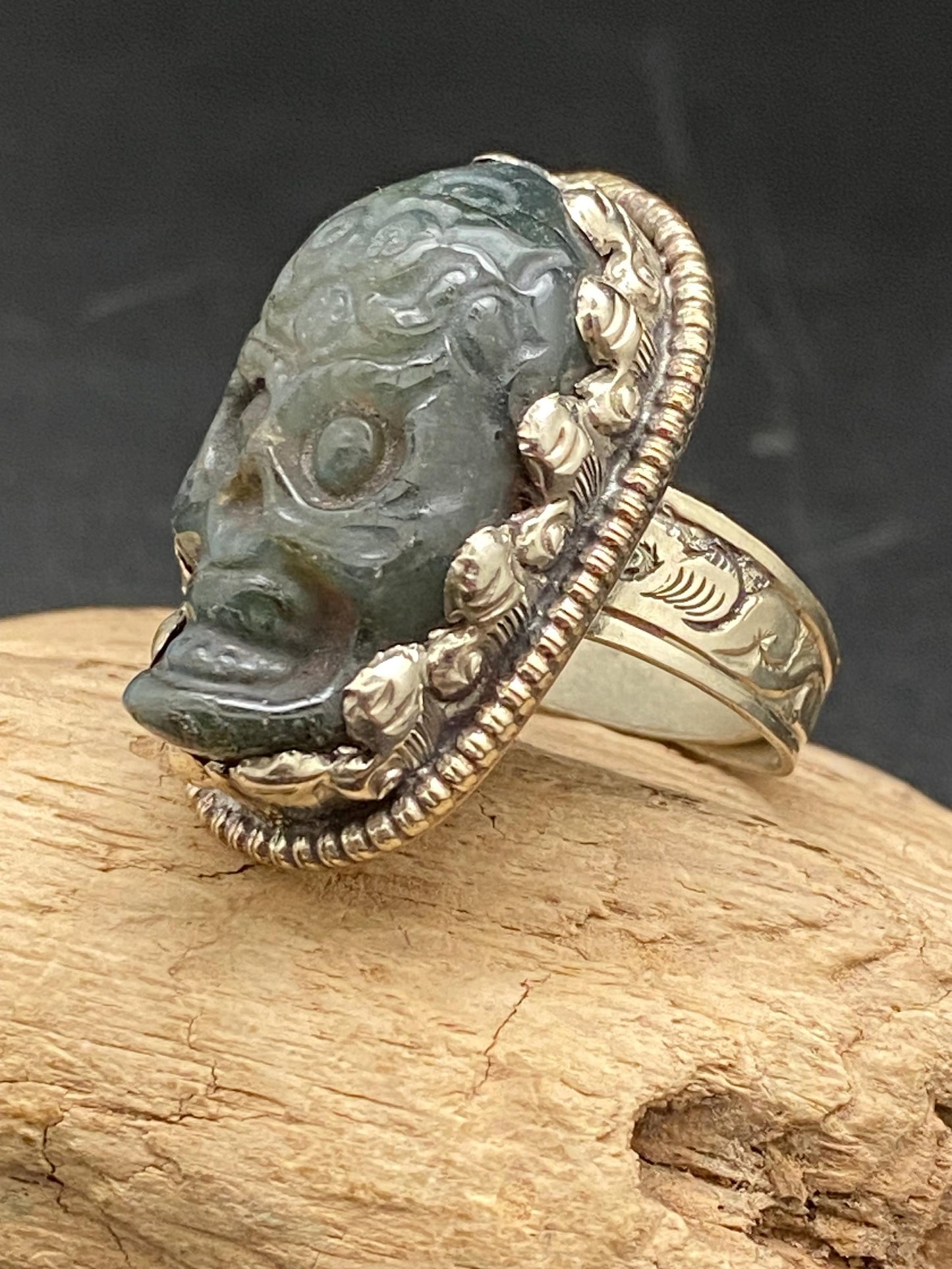 labradorite carved, skull ring, handcrafted,ethnic style,Tibetan silver, adjustable ,Nepalese