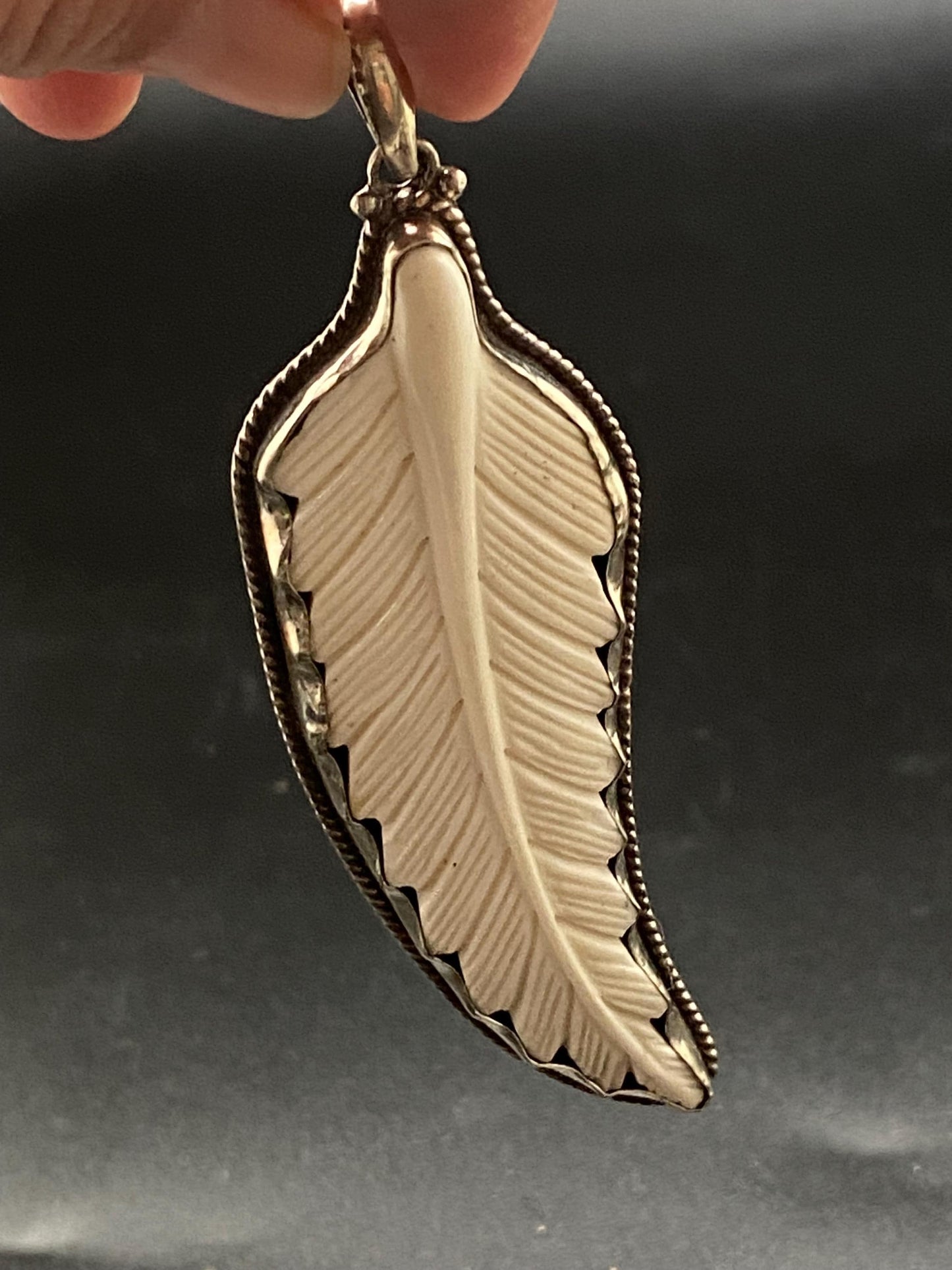 Bone carved leaf pendant, Handcrafted,Tibetan silver, ethnic ,Nepalese, Himalayan