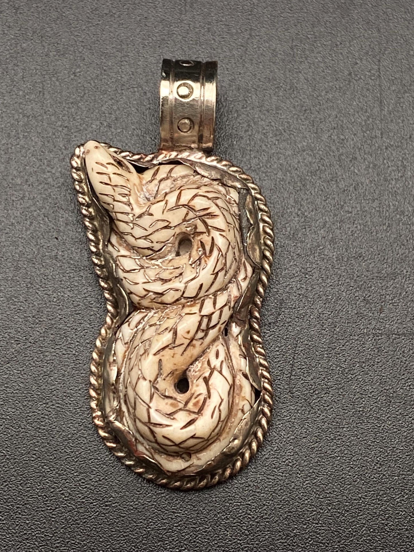 Snake pendant, bone carved snake pendant, handcrafted, Tibetan silver, Nepalese