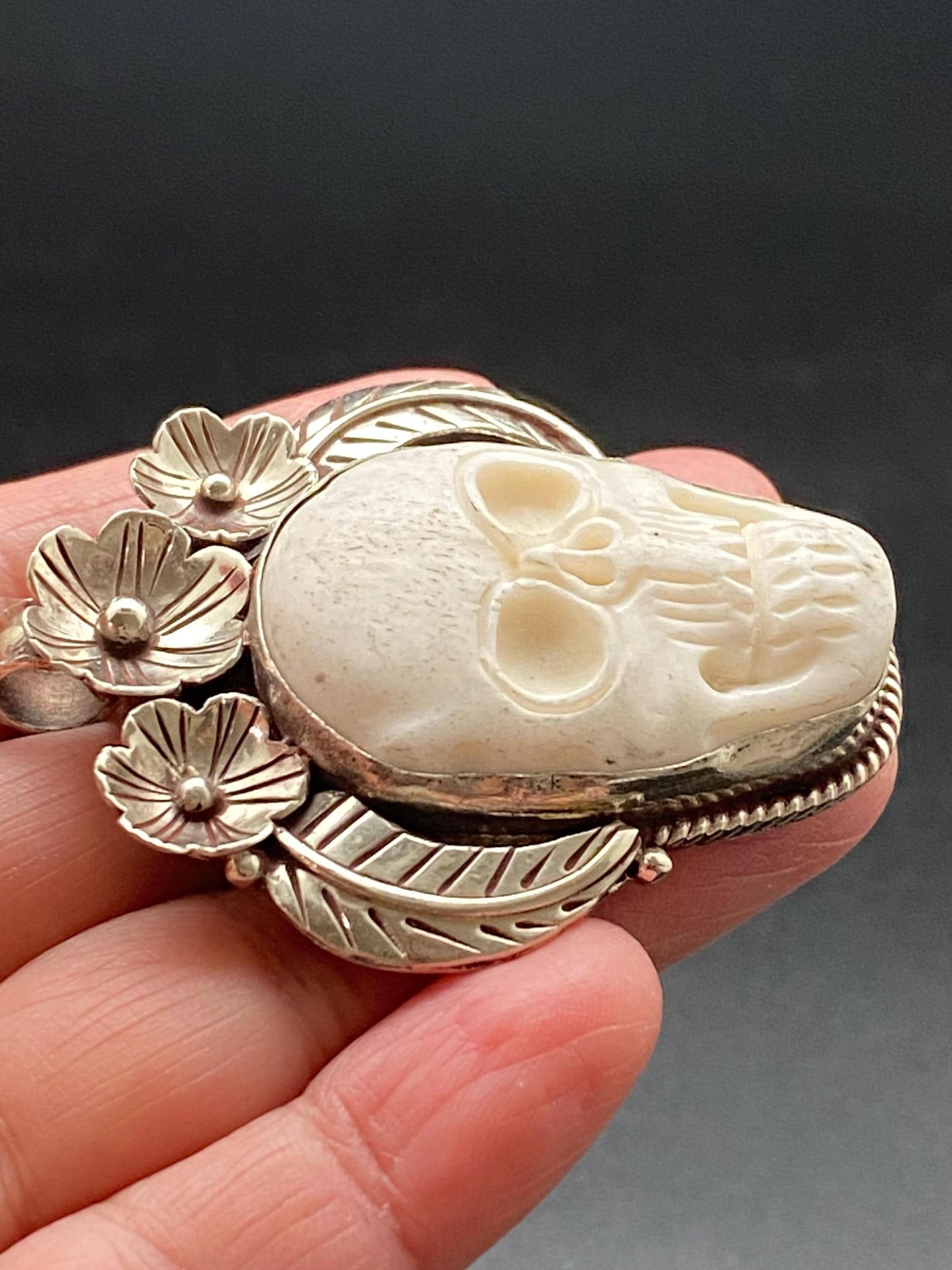 Bone-carved skull pendant, handcrafted, Tibetan silver, floral pendant, Himalayan, Nepalese, ethnic style