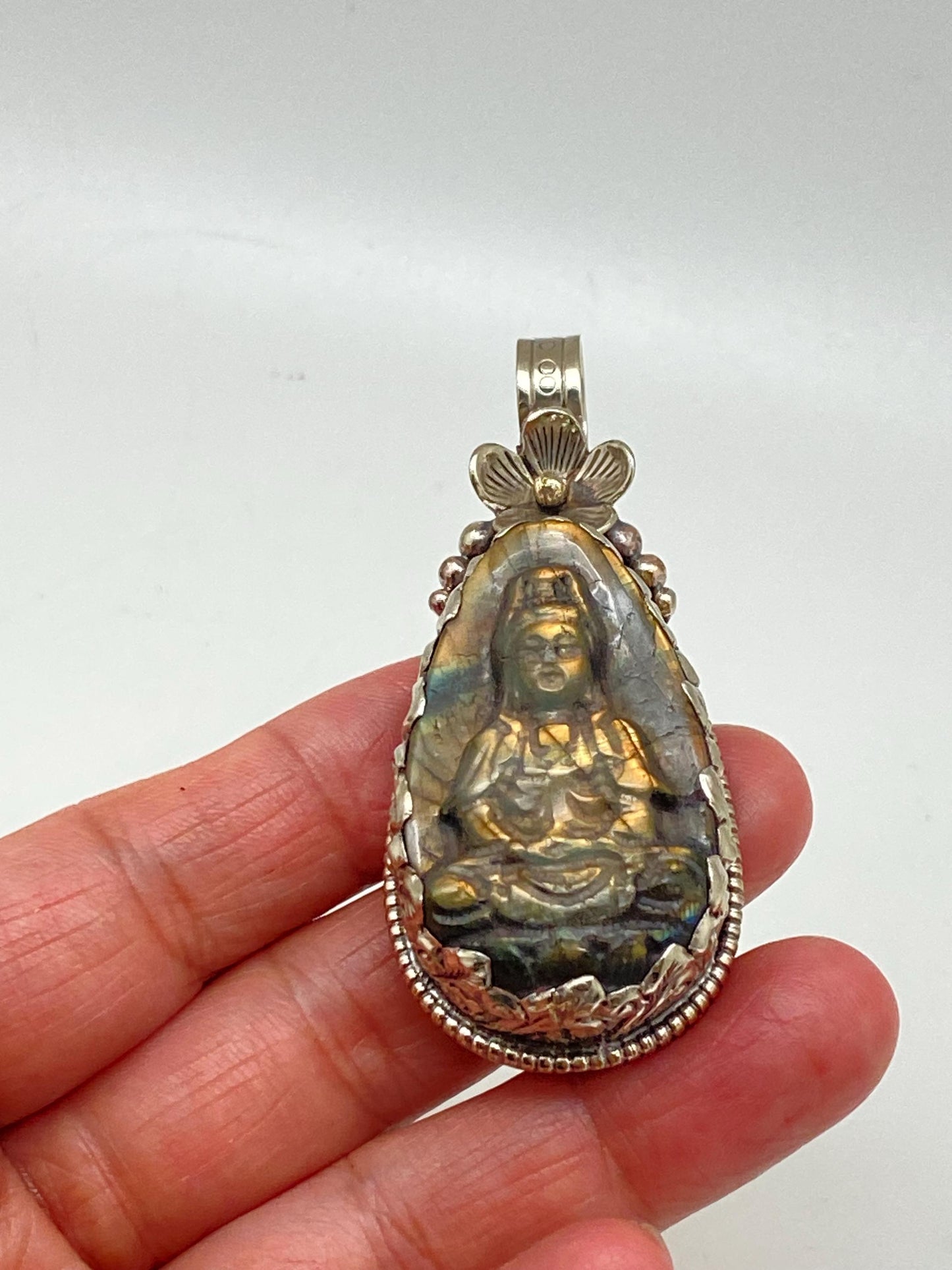 Handcrafted Labradorite Kwan Yin Pendant: Tibetan Silver, Nepalese