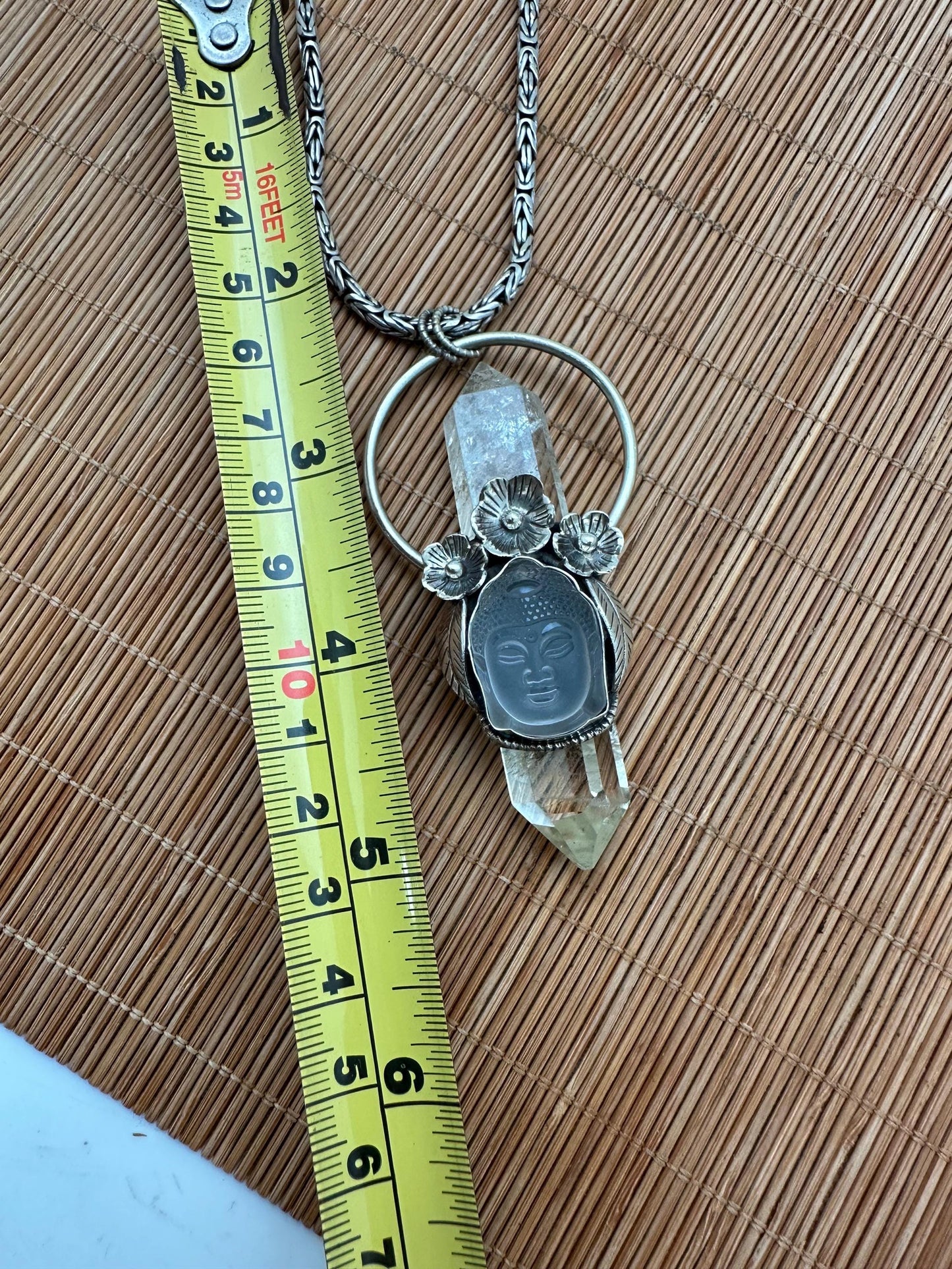 Citrine double pointed pendant, Quartz Buddha Pendant, Handcrafted, Tibetan Silver, Floral Design