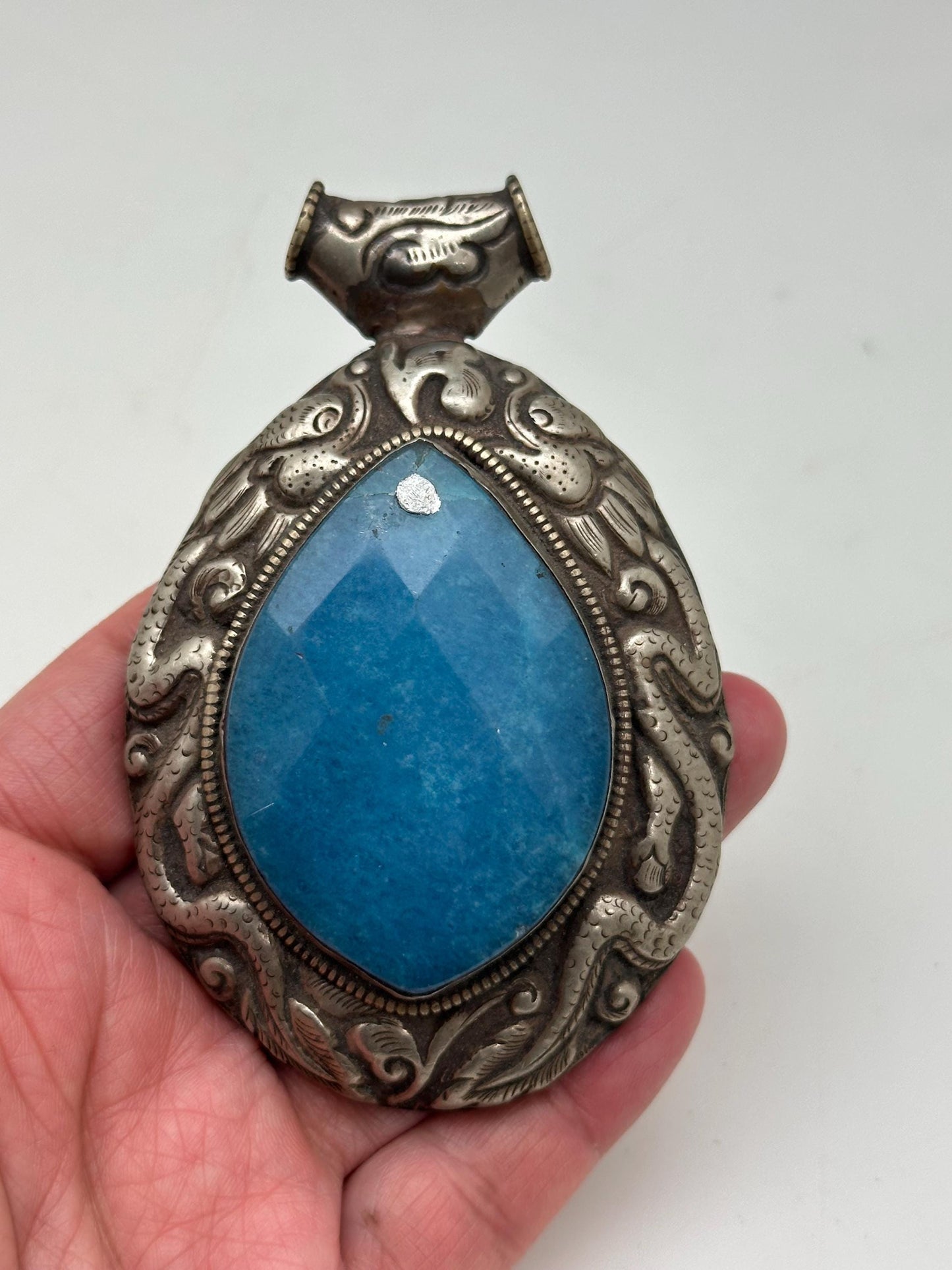 Large Blue stone pendant, handcrafted, Tibetan silver, dragon, ethnic style, Himalayan, Nepalese