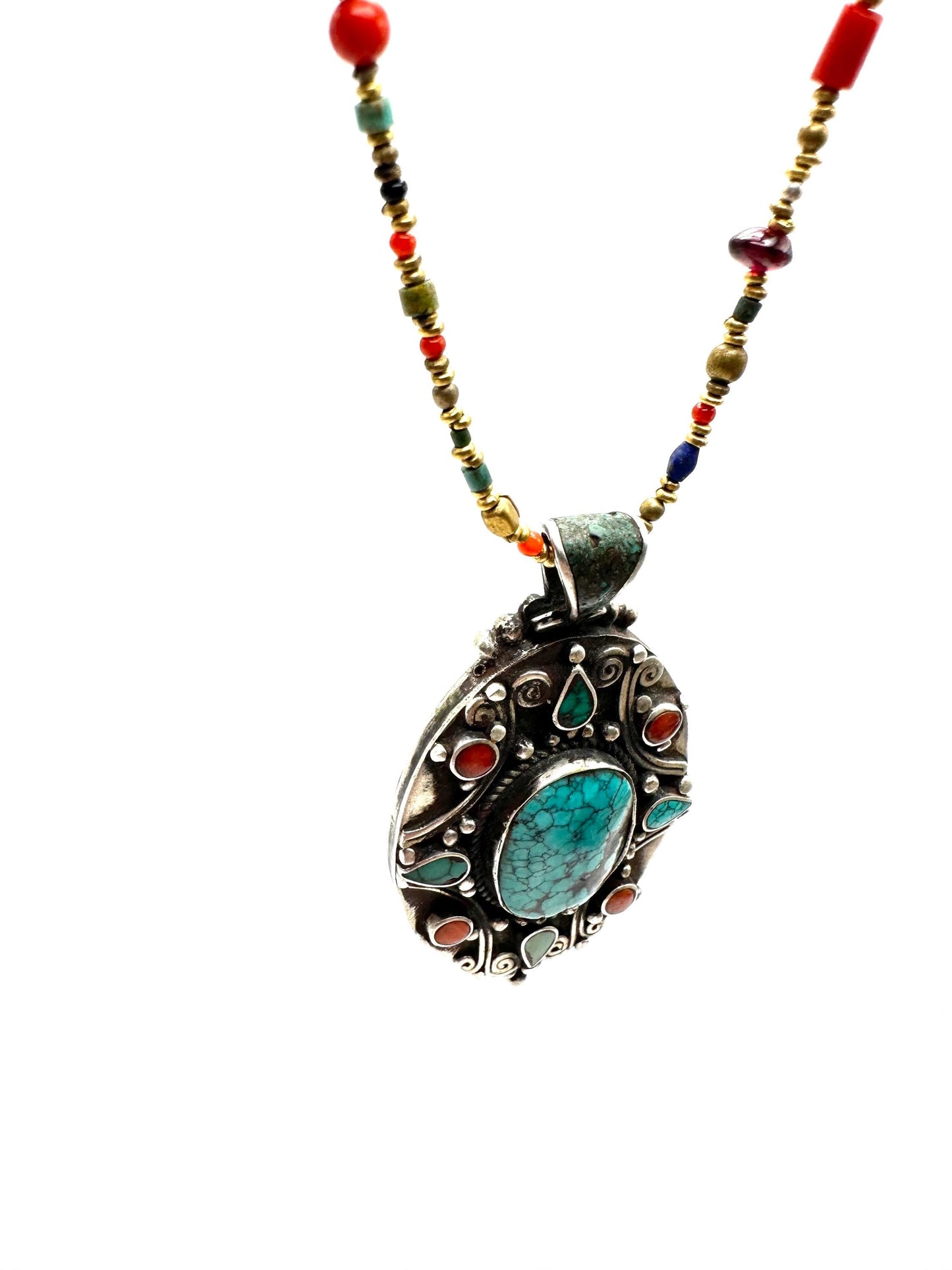 Turquoise, coral pendant, sterling silver, handcrafted,ethnic style,Nepalese