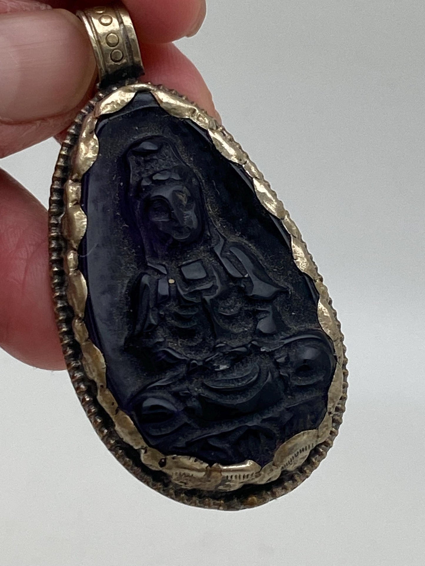 Amethyst Kwan Yin Pendant: Handcrafted Tibetan Silver, Nepalese
