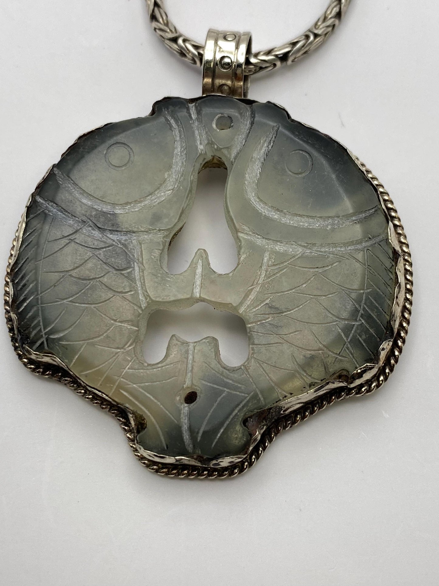 Jade Double Fish Pendant: Handcrafted Tibetan Silver, Nepalese