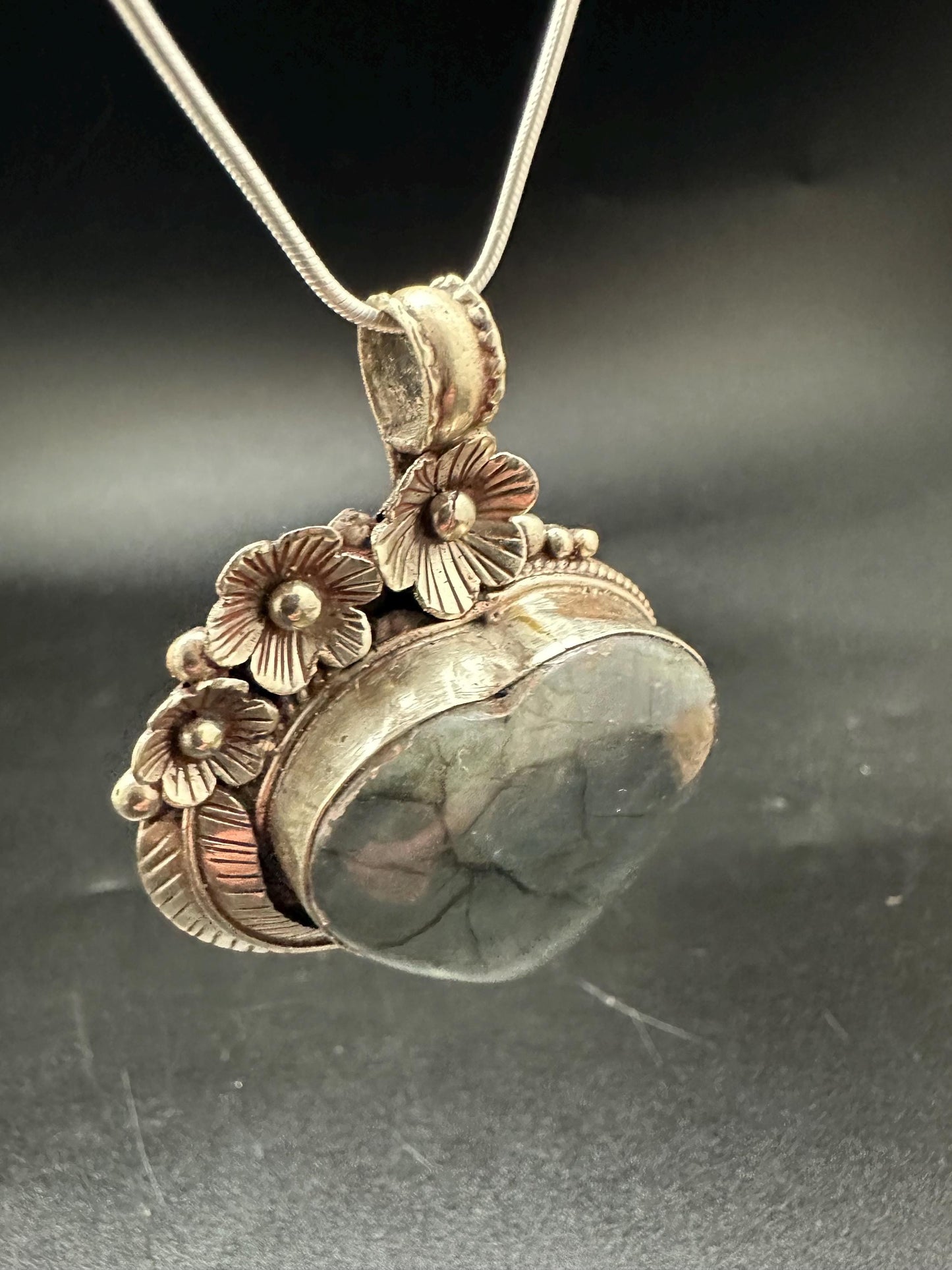 Labradorite Heart Pendant: Tibetan Silver Floral Design, Nepalese Handcraft