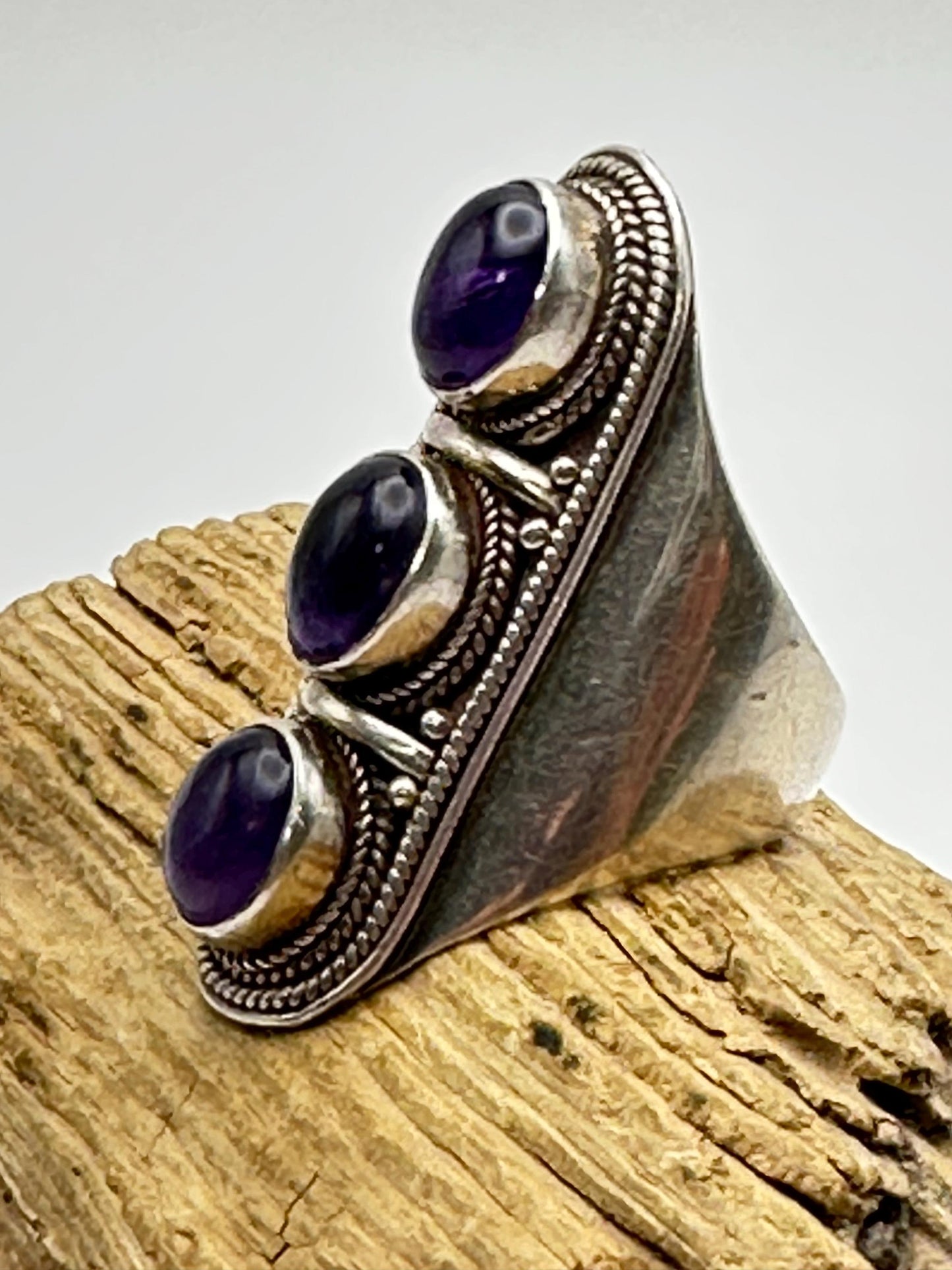 Amethyst ring, handcrafted,sterling silver,fashion jewelry,Triple stone ring,