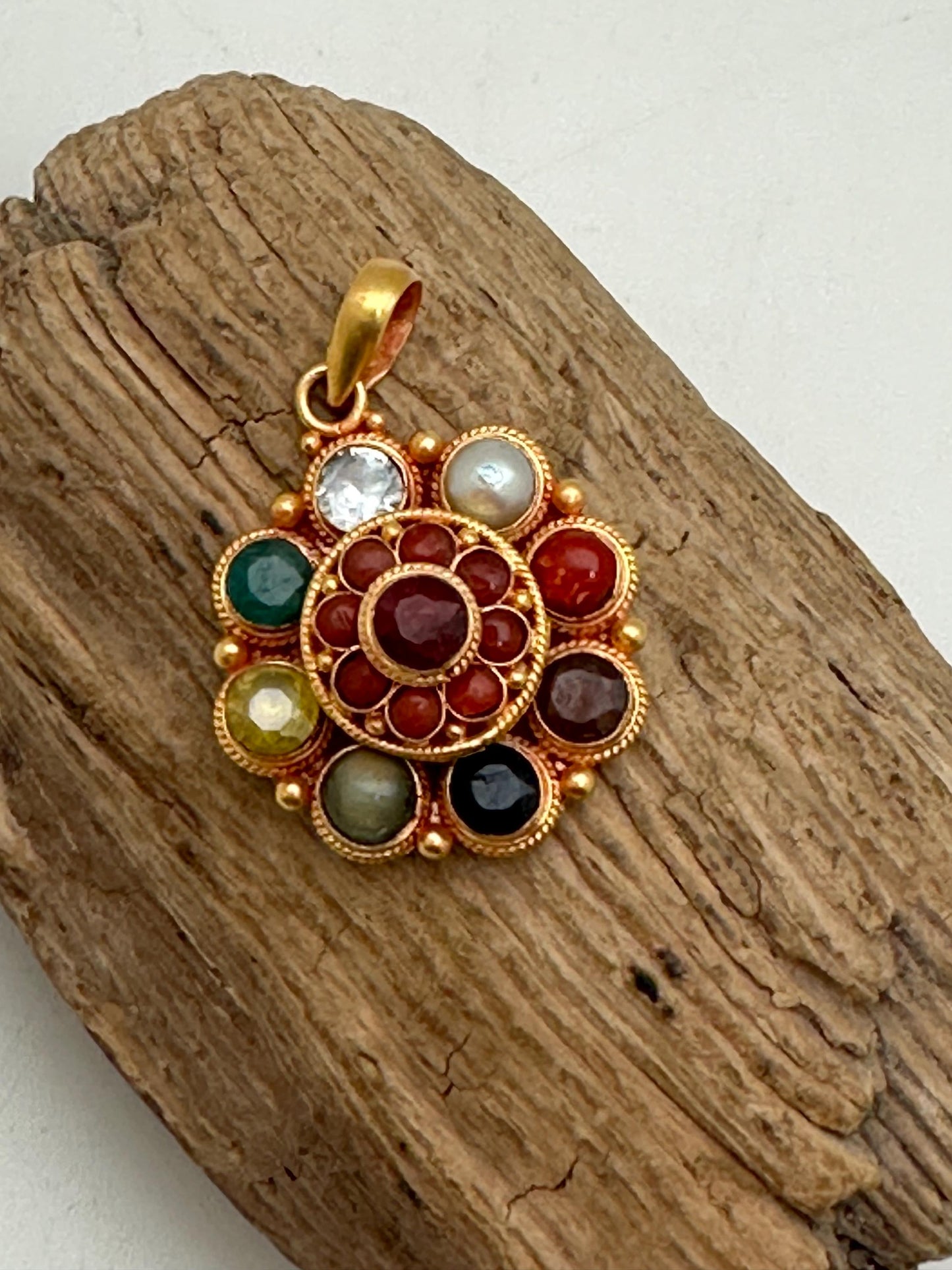 Navaratna pendant, sterling silver, gold plated,handcrafted, flower,natural stone, nine planet gem stone,semi precious stone