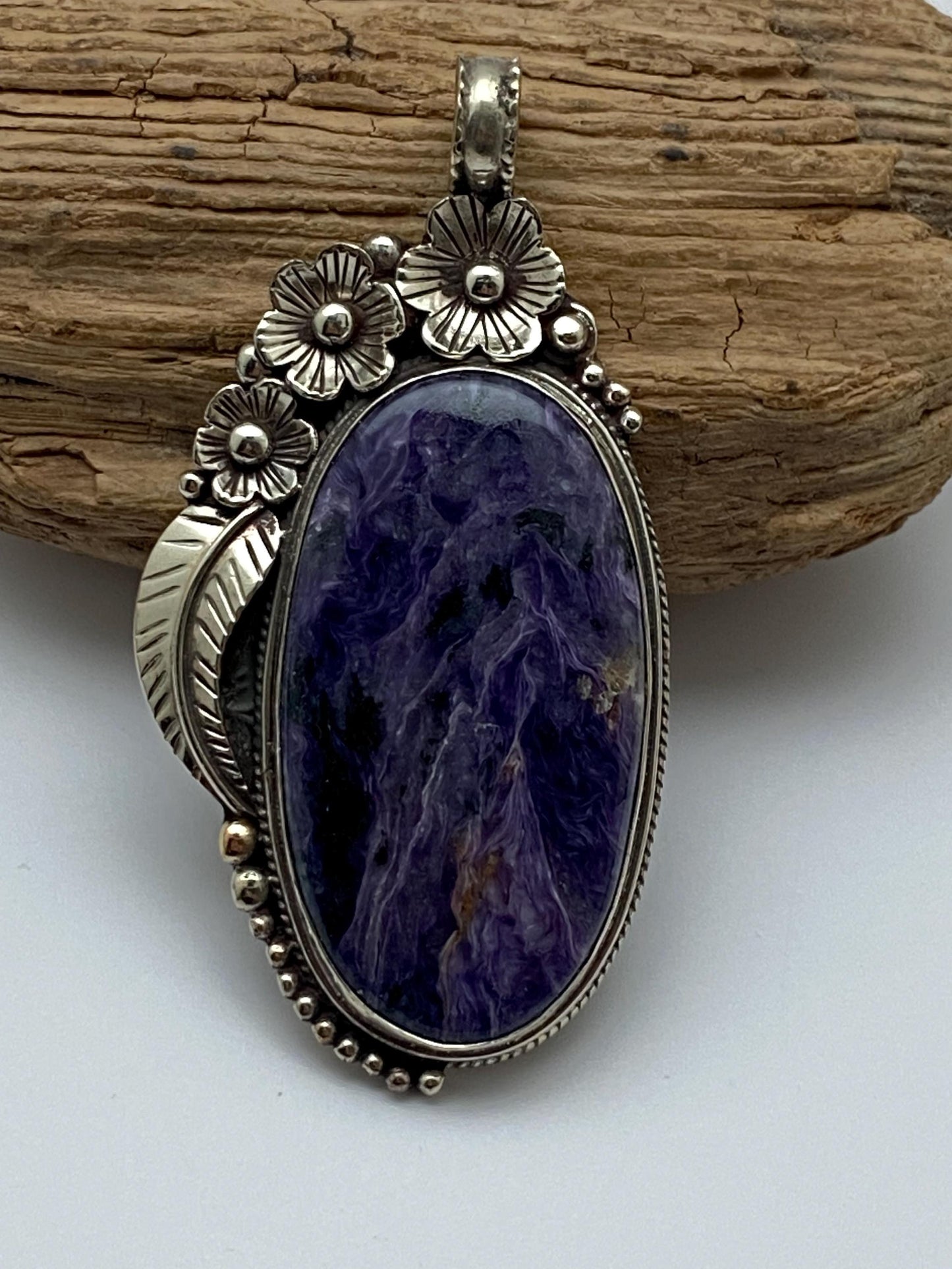 Charoite Pendant, Handcrafted, Tibetan silver, floral design, ethnic style, Nepalese