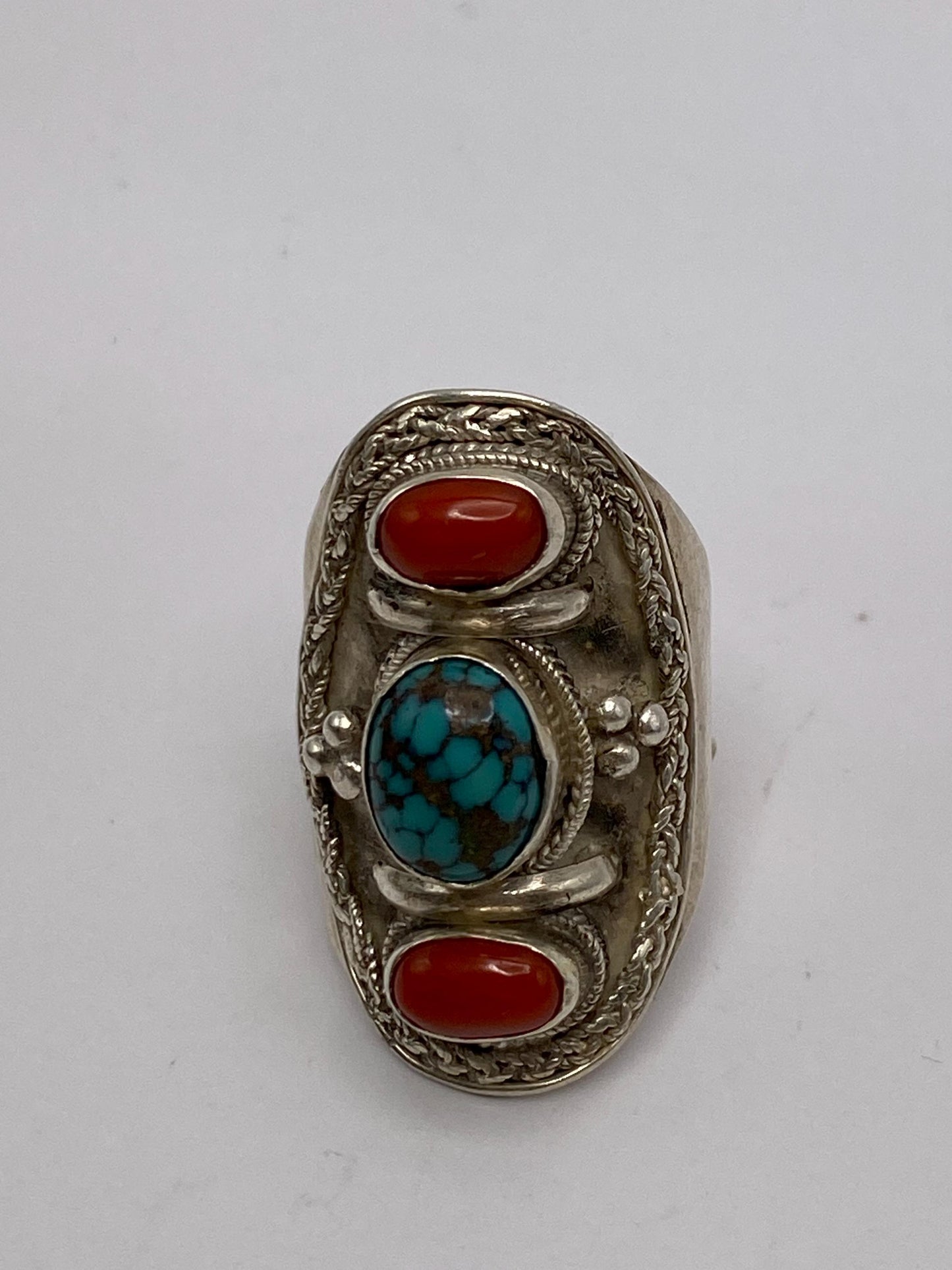 Turquoise, coral ring,handcrafted,sterling silver,adjustable,