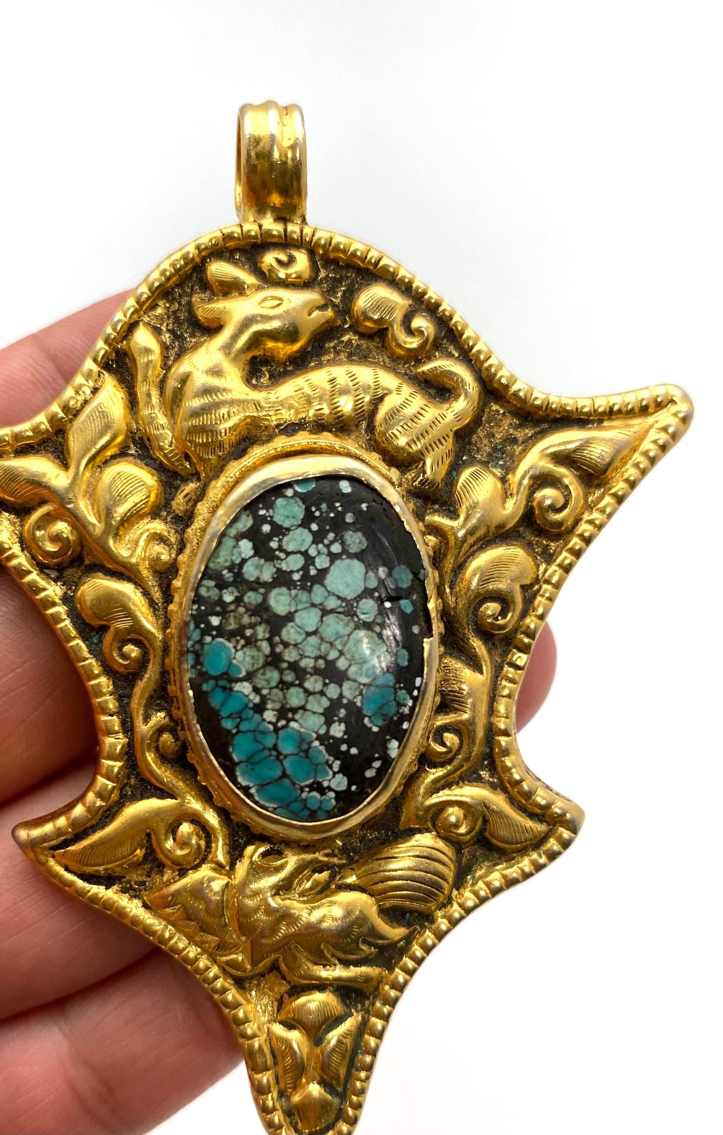 Large pendant, turquoise, handcrafted, Tibetan silver, ethnic style, animal lover, bird, baby deer,gold plated,Nepalese.