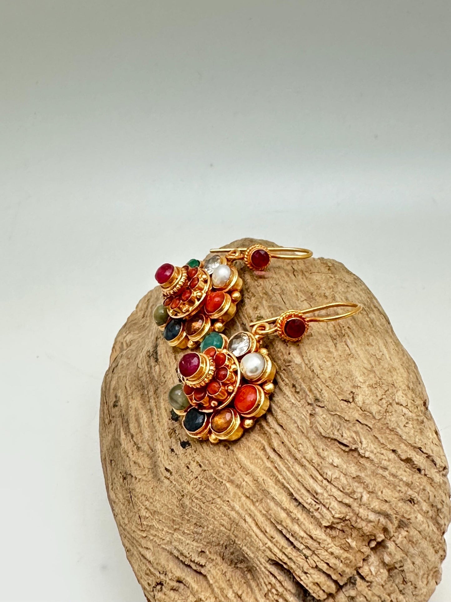 Navaratna ,Gemstone Earring, Gold Plated Sterling Silver Flower