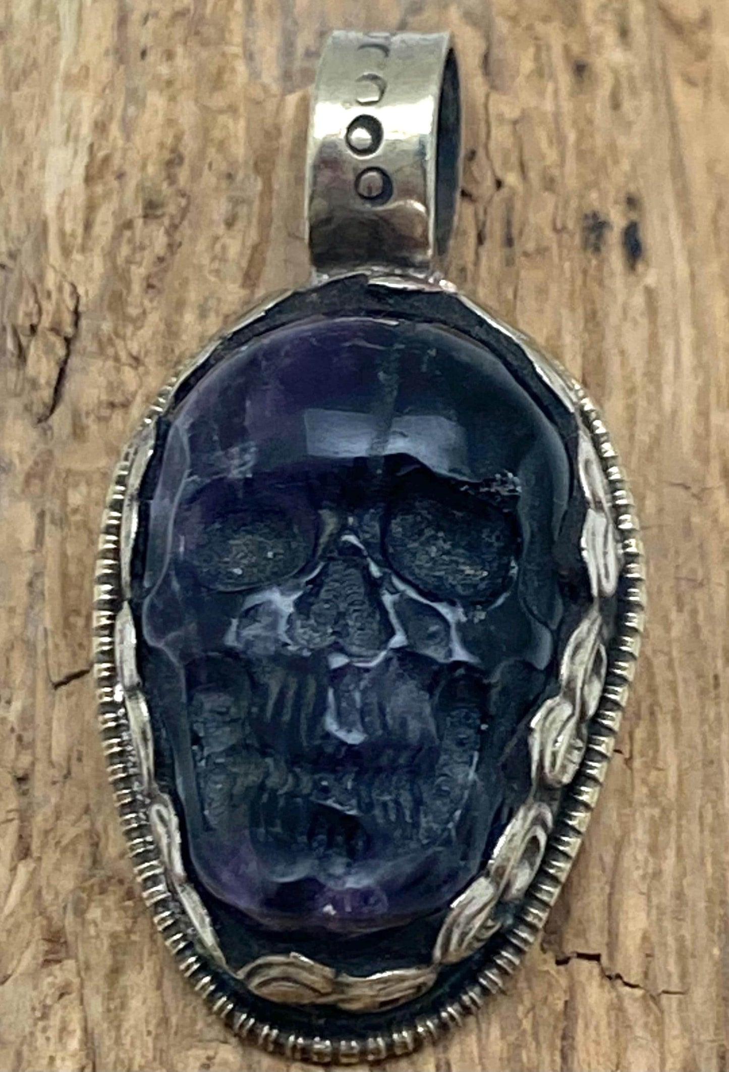 Amethyst carved skull pendant, handcrafted, Tibetan silver, ethnic style, Nepalese
