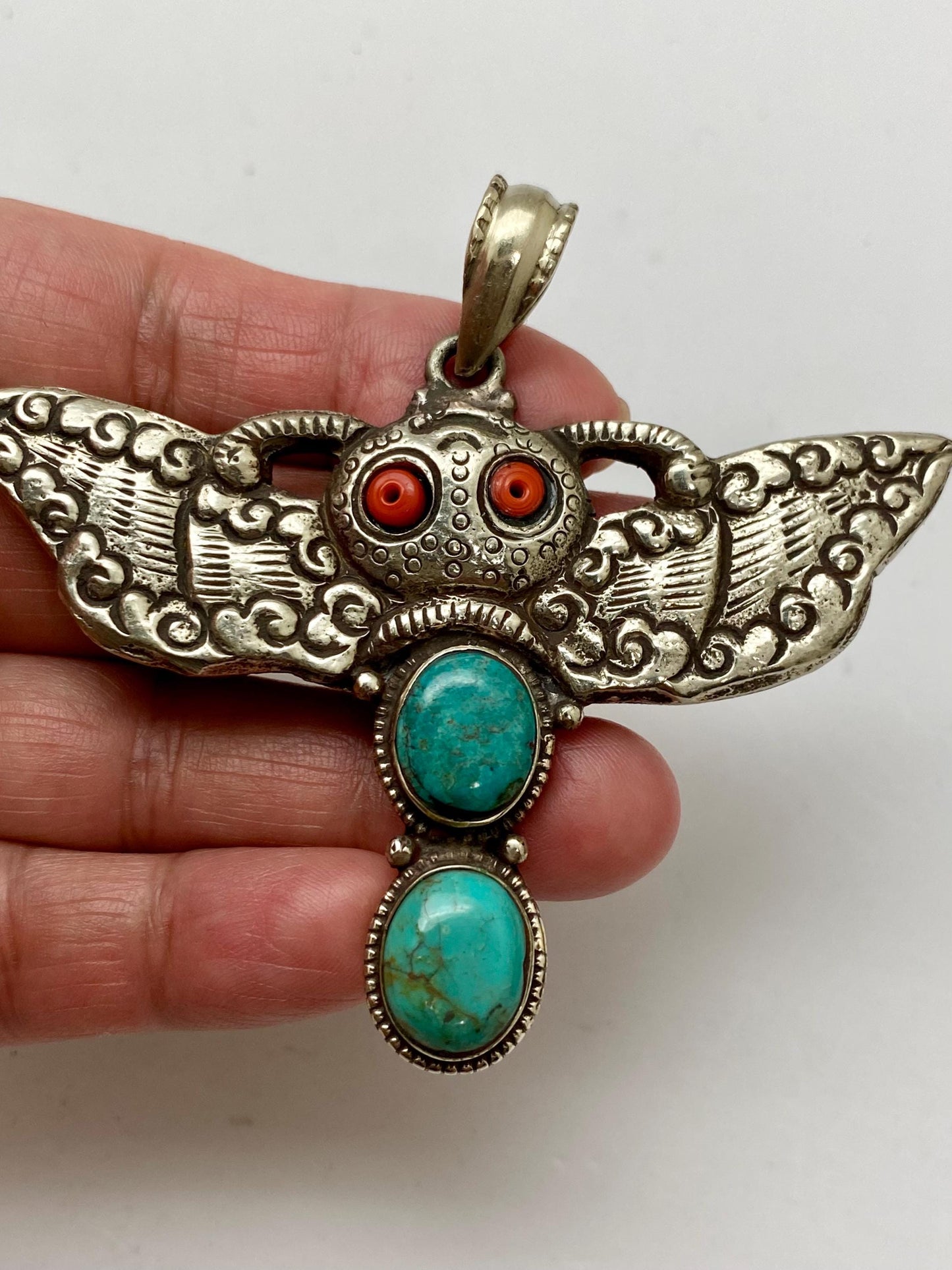 Bug pendant,Hand crafted,Tibetan silver,coral,turquoise,