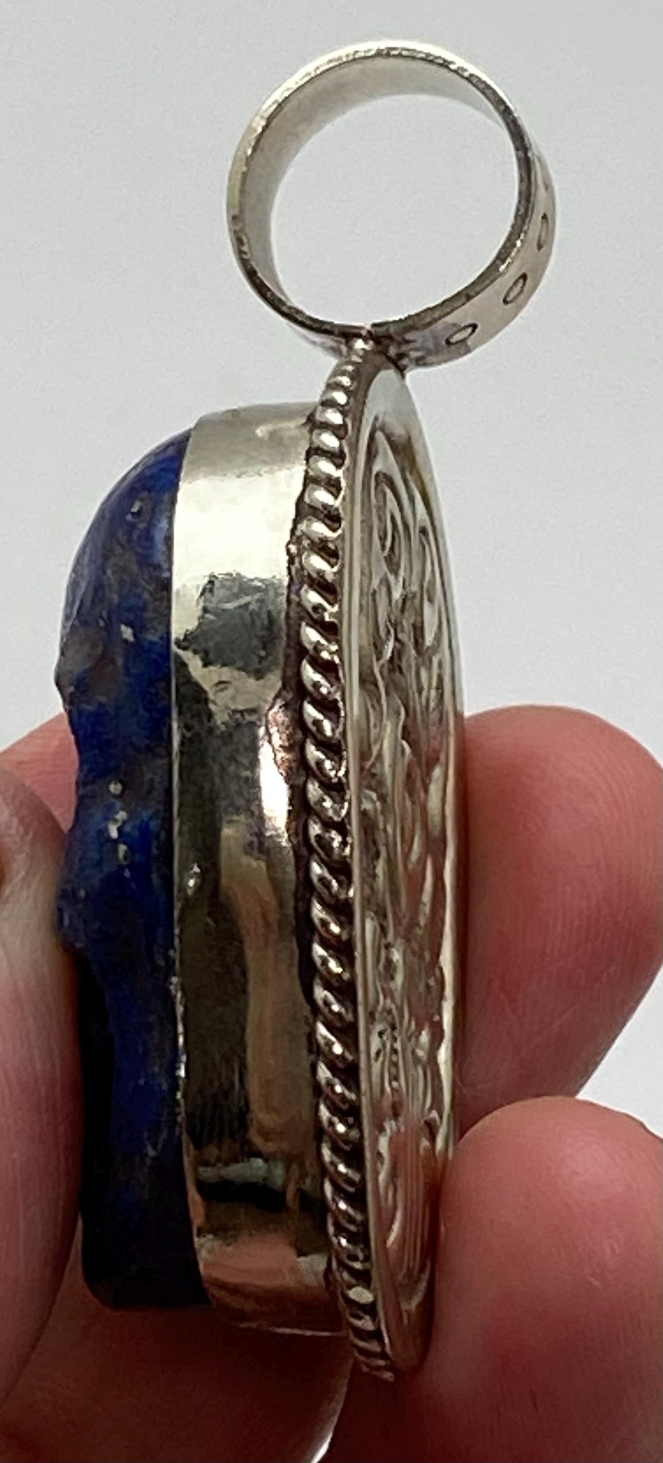 skull pendant, lapis carved, handcrafted, Tibetan silver,Nepalese
