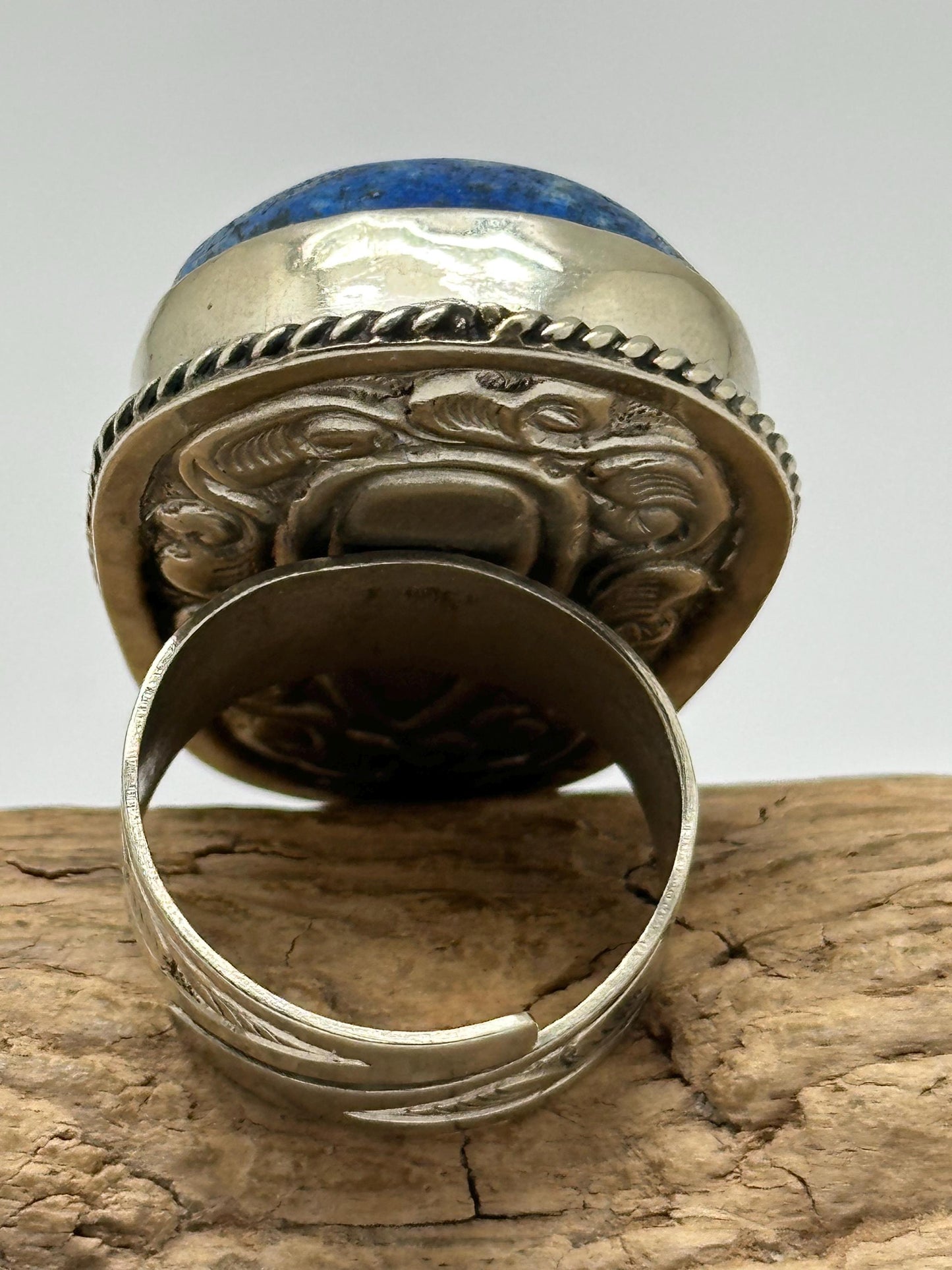 skull ring, lapis lazuli carved skull ring, handcrafted, tibetan repouse silver ring, adjustable,Nepalese, ethnic style