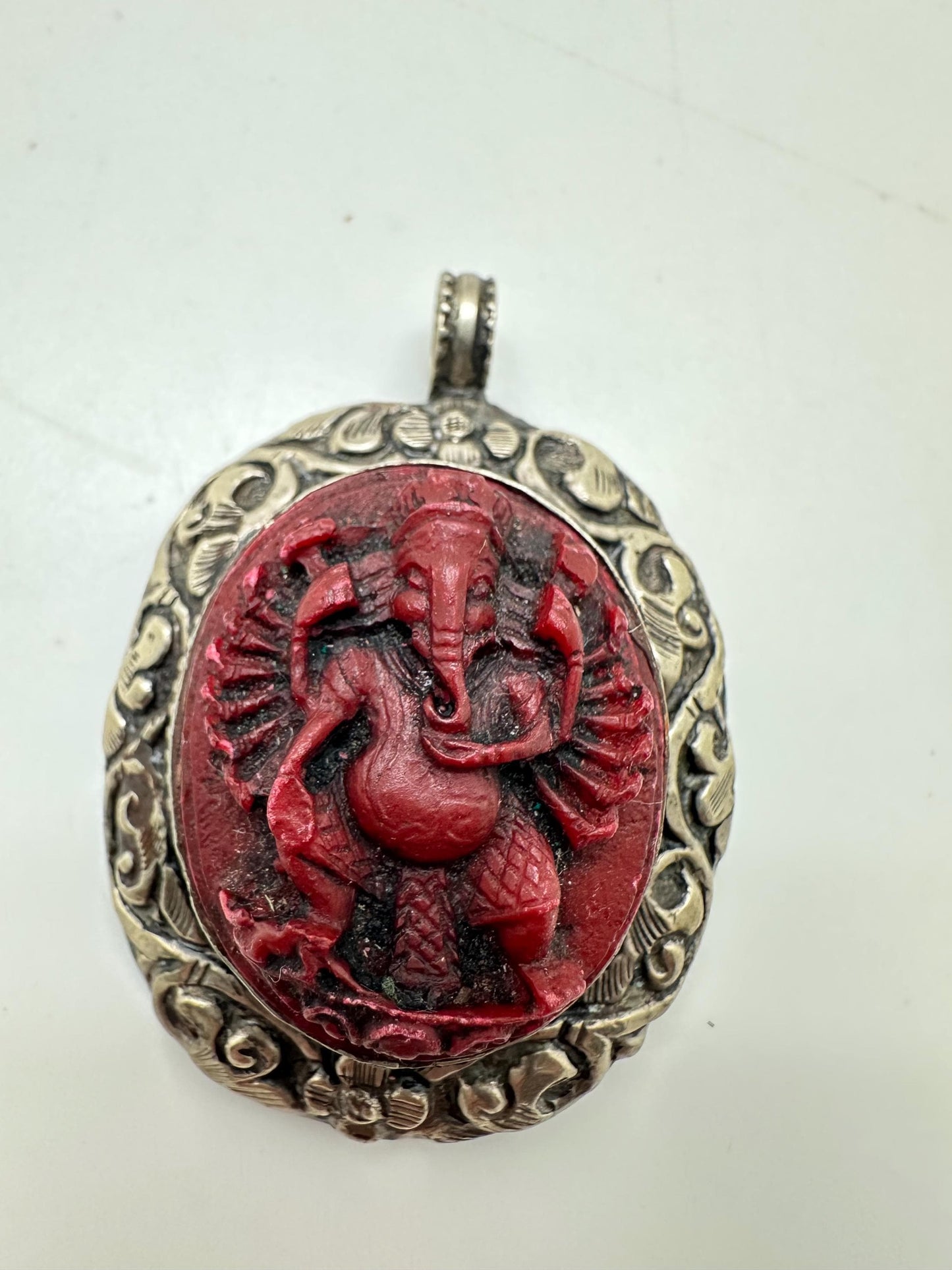 Ganesh pendant,handcrafted, Tibetansilver,Resin coral,Goodluck,prosperity,amulet 63mmX45mm