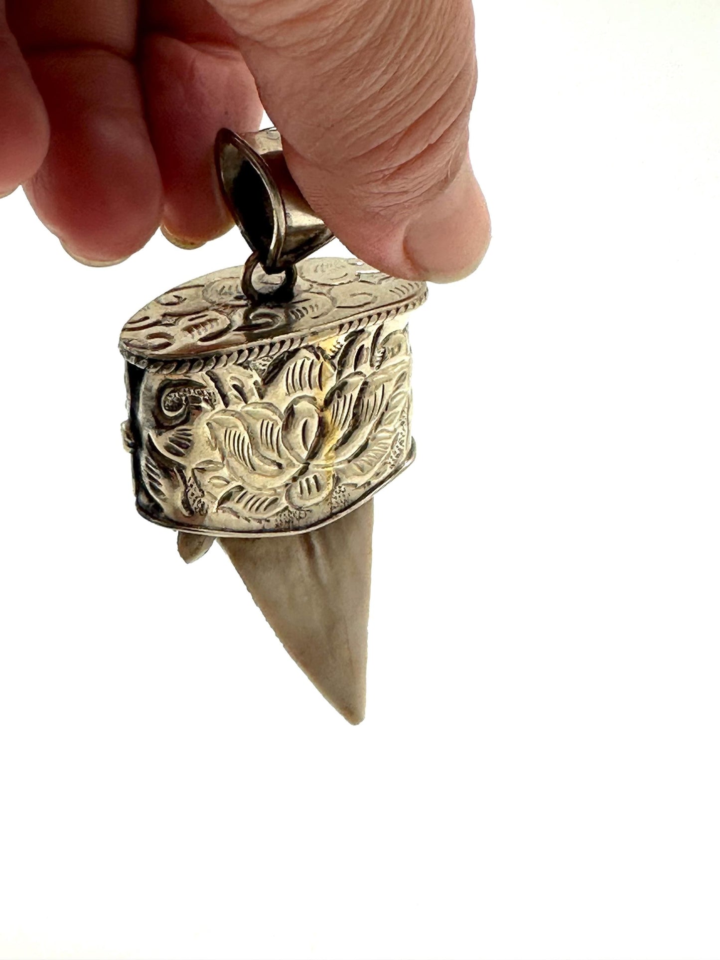 Fossil shark tooth pendant,Tibetan Repousse silver,turquoise ,handcrafted,ethnic style,