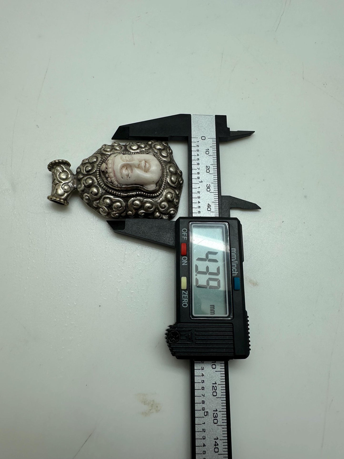 Buddha pendant, large pendant, buddha face, handcrafted,white resin,tibetan repousse silver,amulet,66X43mm