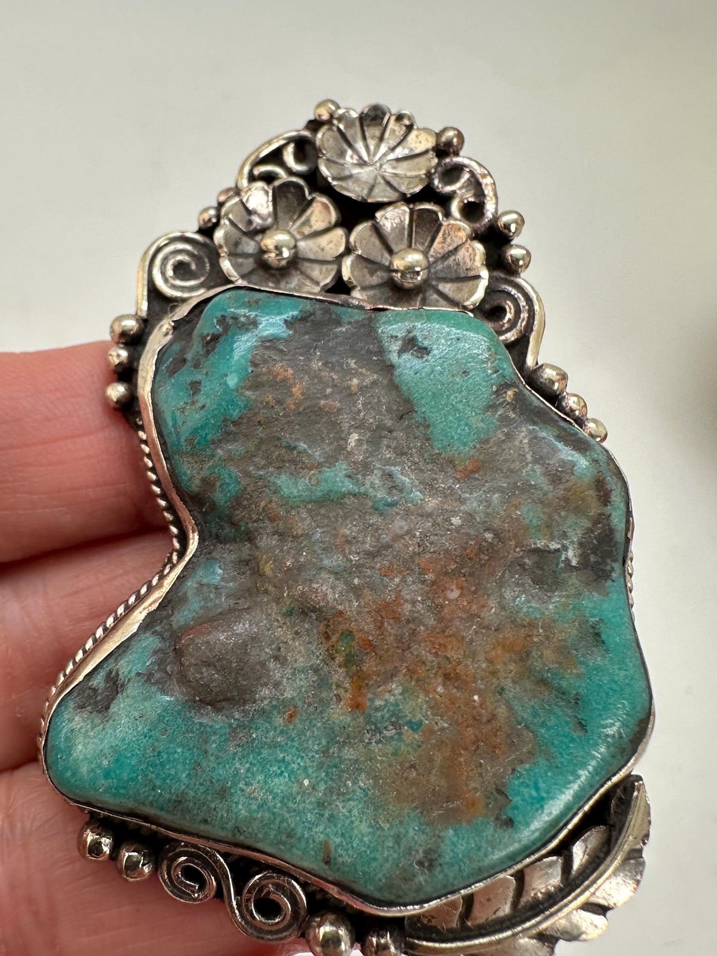 Turquoise pendant,handcrafted,floral design, ethnic style,Tibetan silver,Nepalese,41mmX61mm with bail