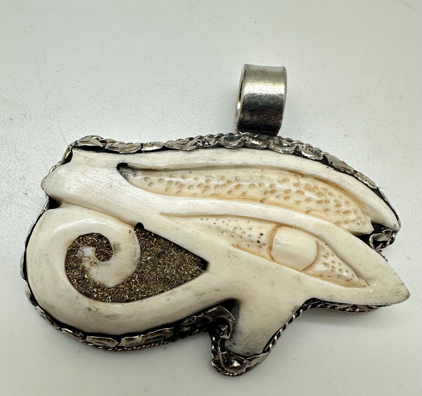 Eye of Horus pendant, Bone carved pendant,handcrafted,Tibetan silver, protection,59mmX49mm