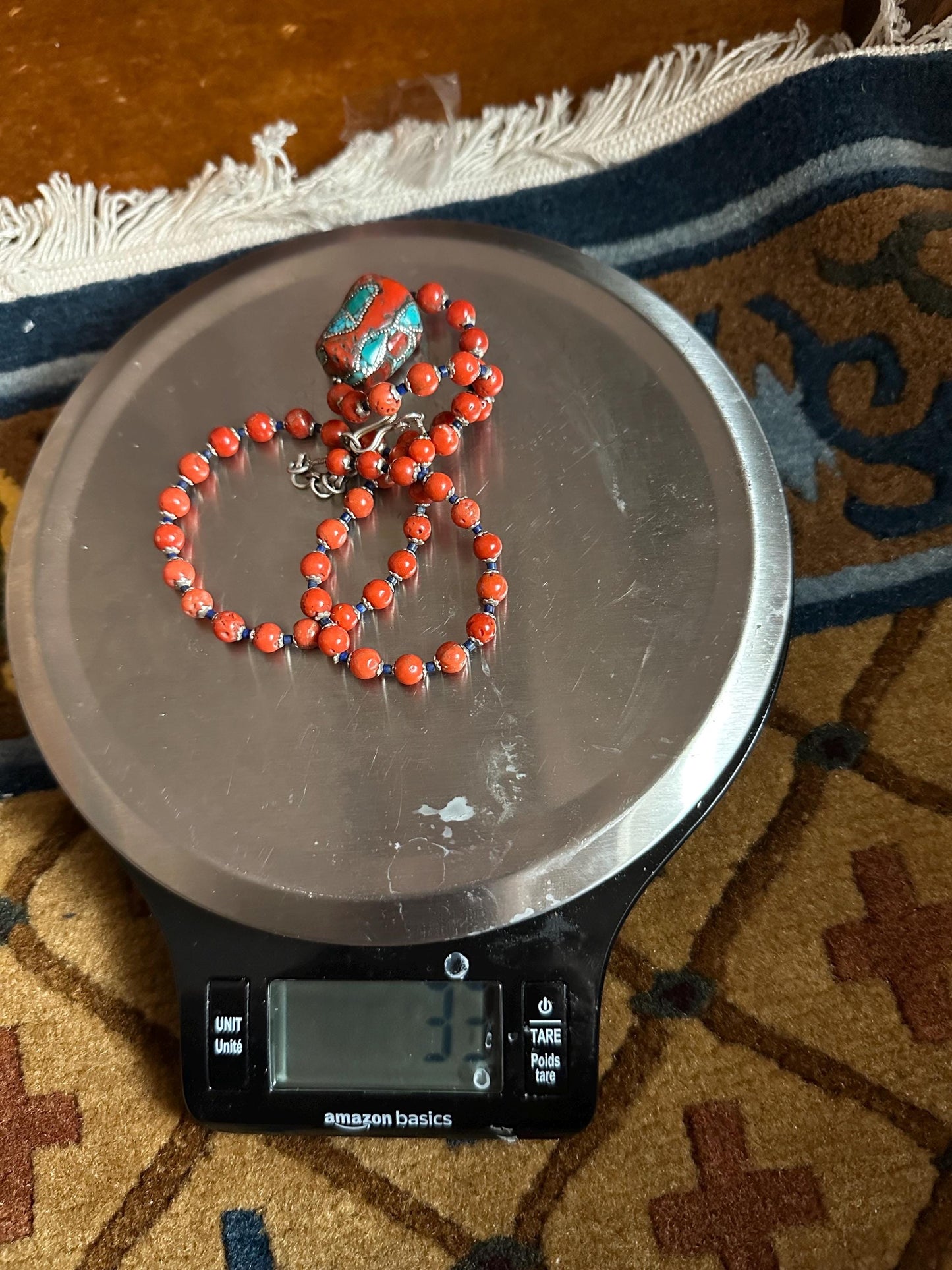 Coral necklace, handcrafted, turquoise and silver inlaid,ethnic style, Tibetan design